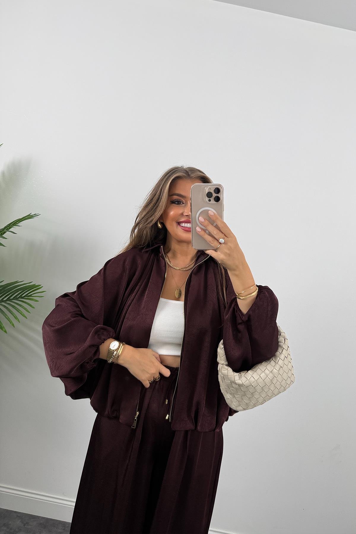 Premium Seri Tasarım Saten Şalvar Pantolon Mürdüm