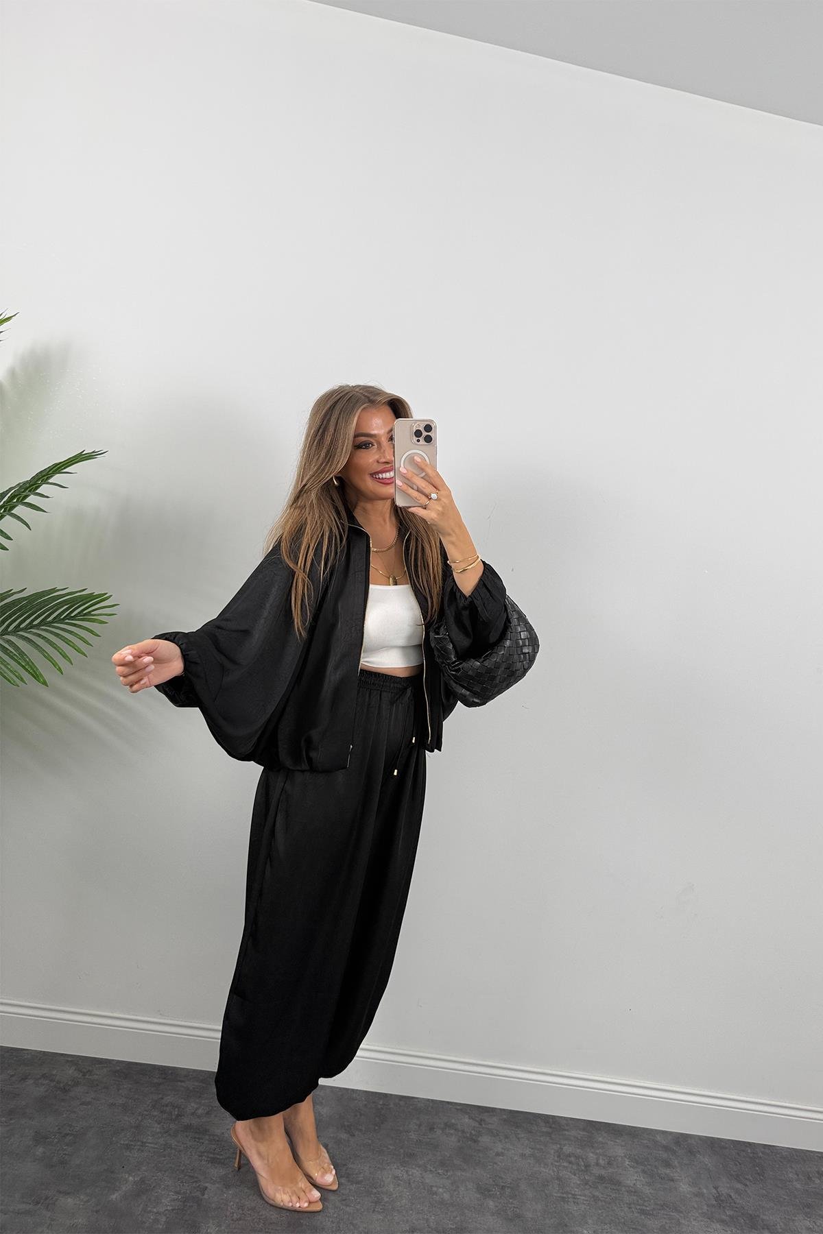 Premium Seri Tasarım Saten Şalvar Pantolon Siyah