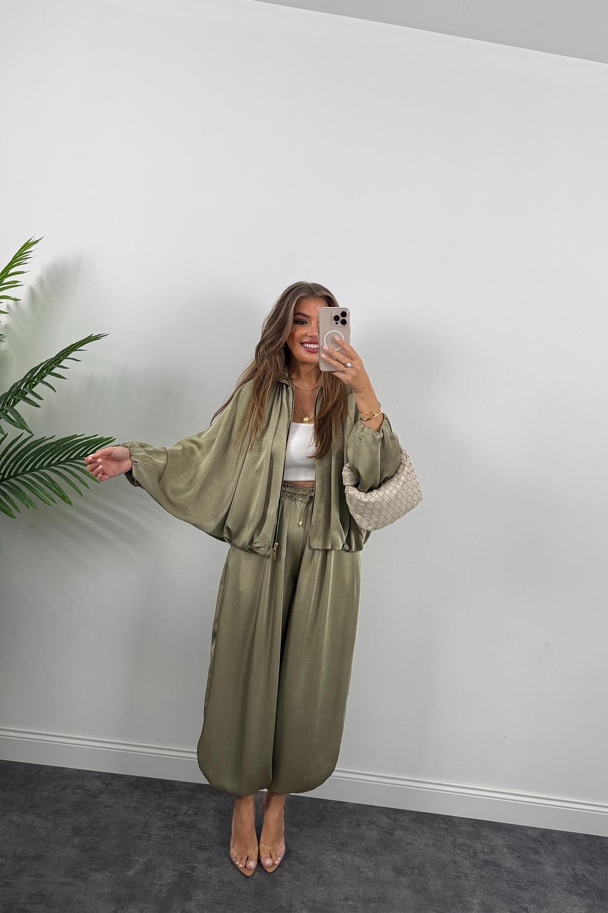 Premium Seri Tasarım Saten Şalvar Pantolon Haki