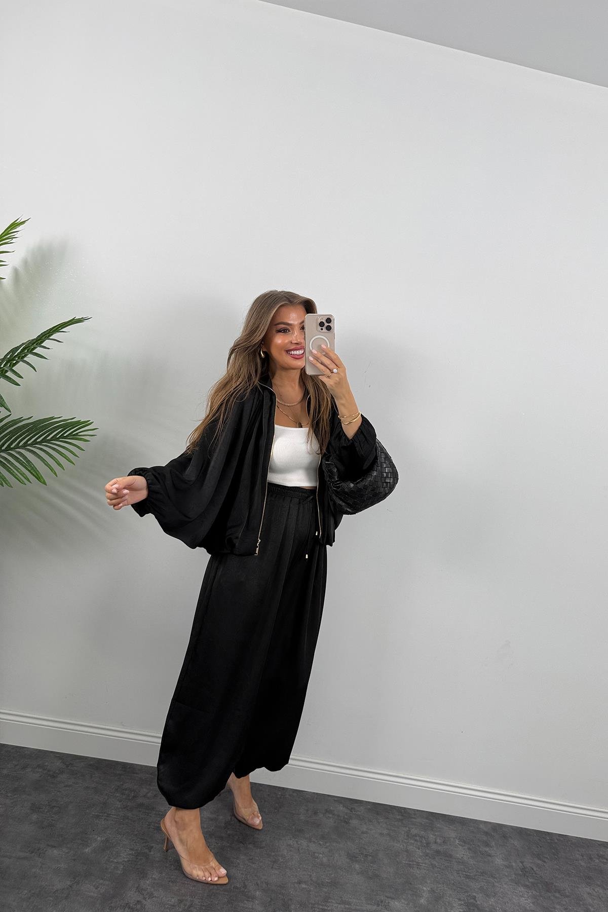 Premium Seri Tasarım Saten Şalvar Pantolon Siyah