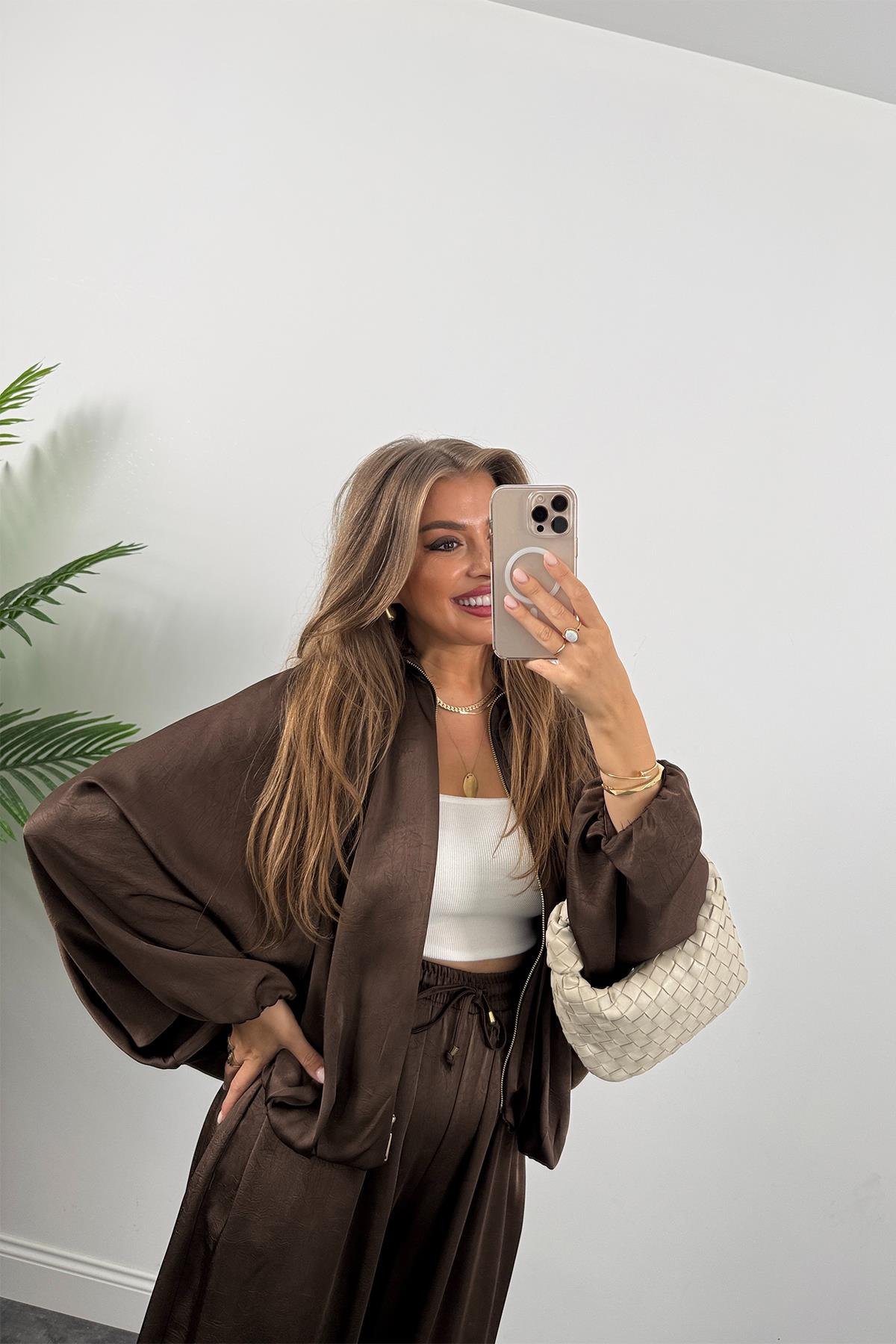 Premium Seri Tasarım Saten Şalvar Pantolon Acı Kahve