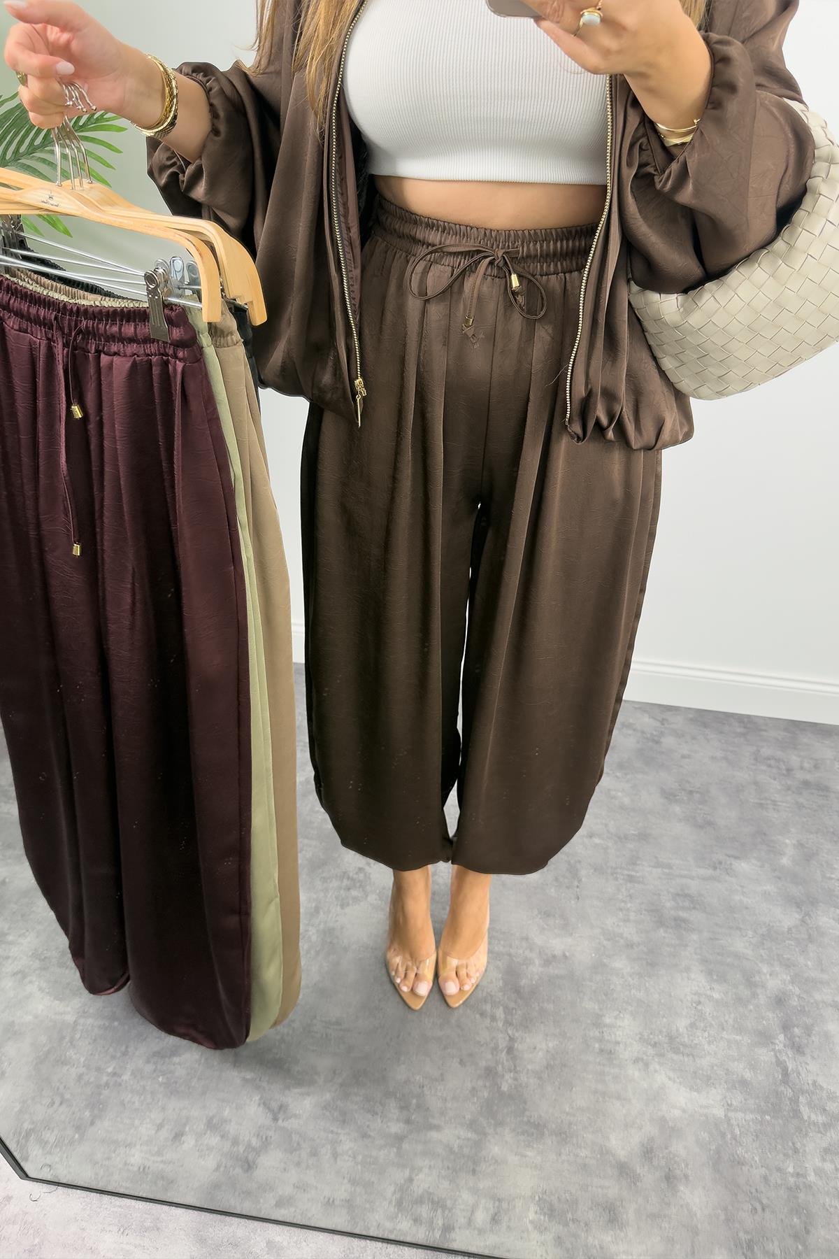 Premium Seri Tasarım Saten Şalvar Pantolon Acı Kahve