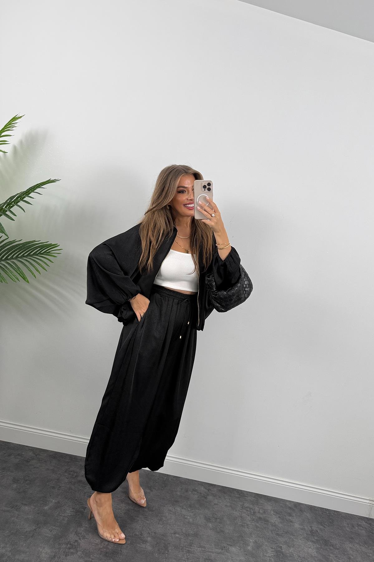 Premium Seri Tasarım Saten Şalvar Pantolon Siyah