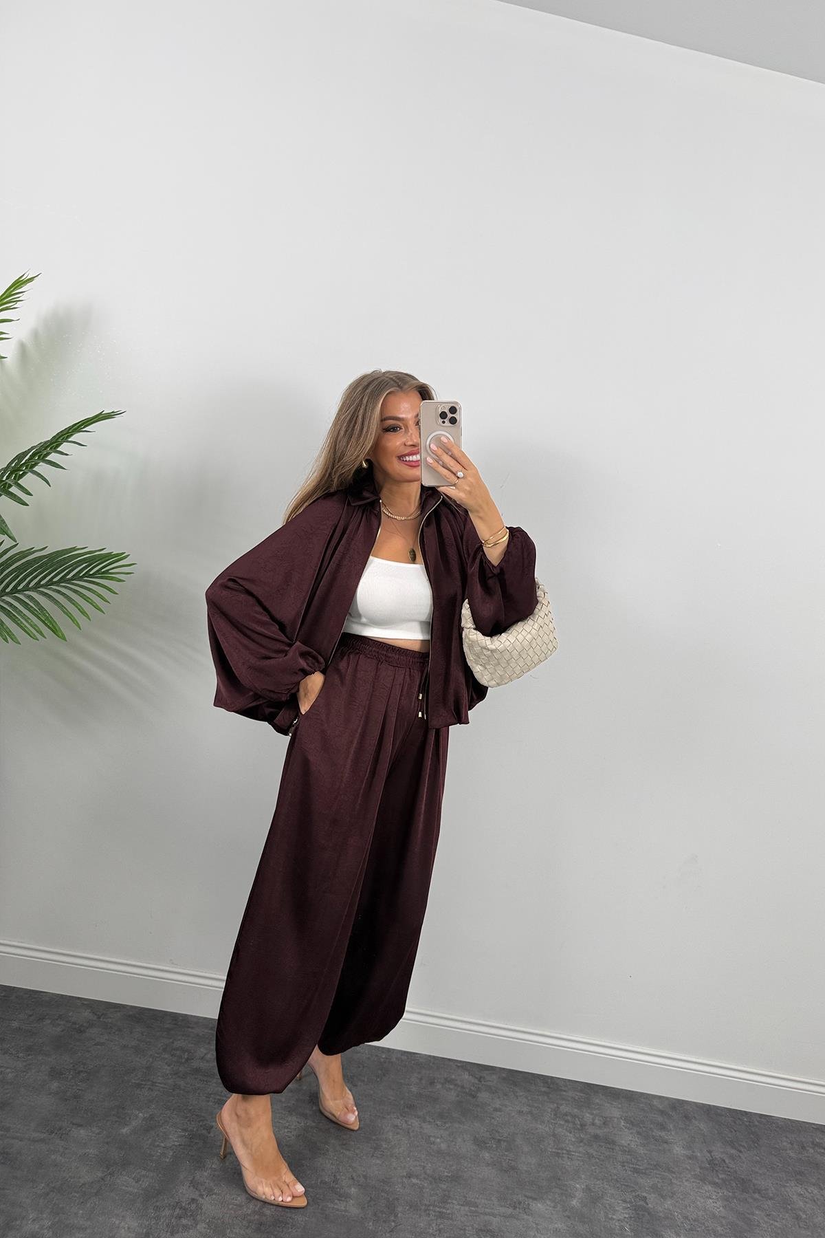 Premium Seri Tasarım Saten Şalvar Pantolon Mürdüm