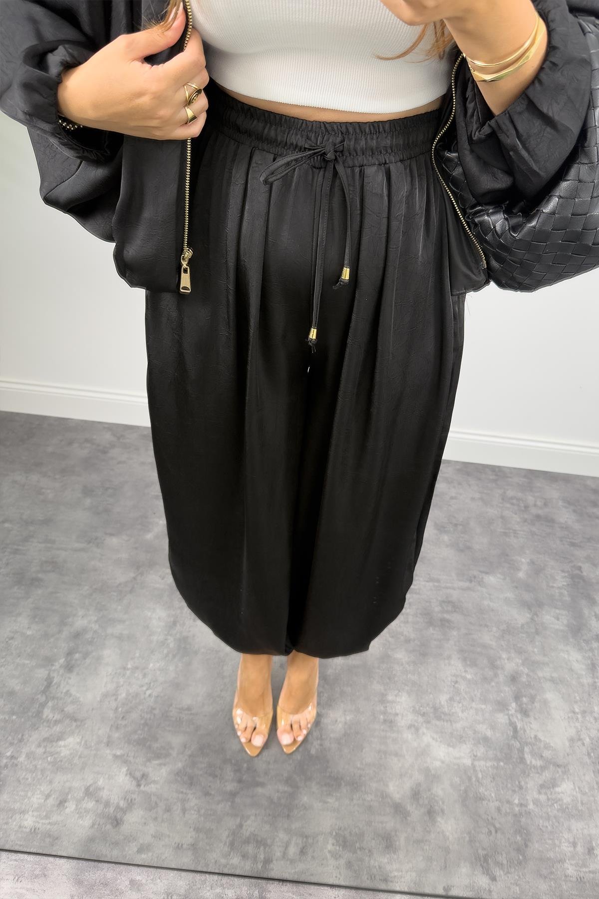 Premium Seri Tasarım Saten Şalvar Pantolon Siyah