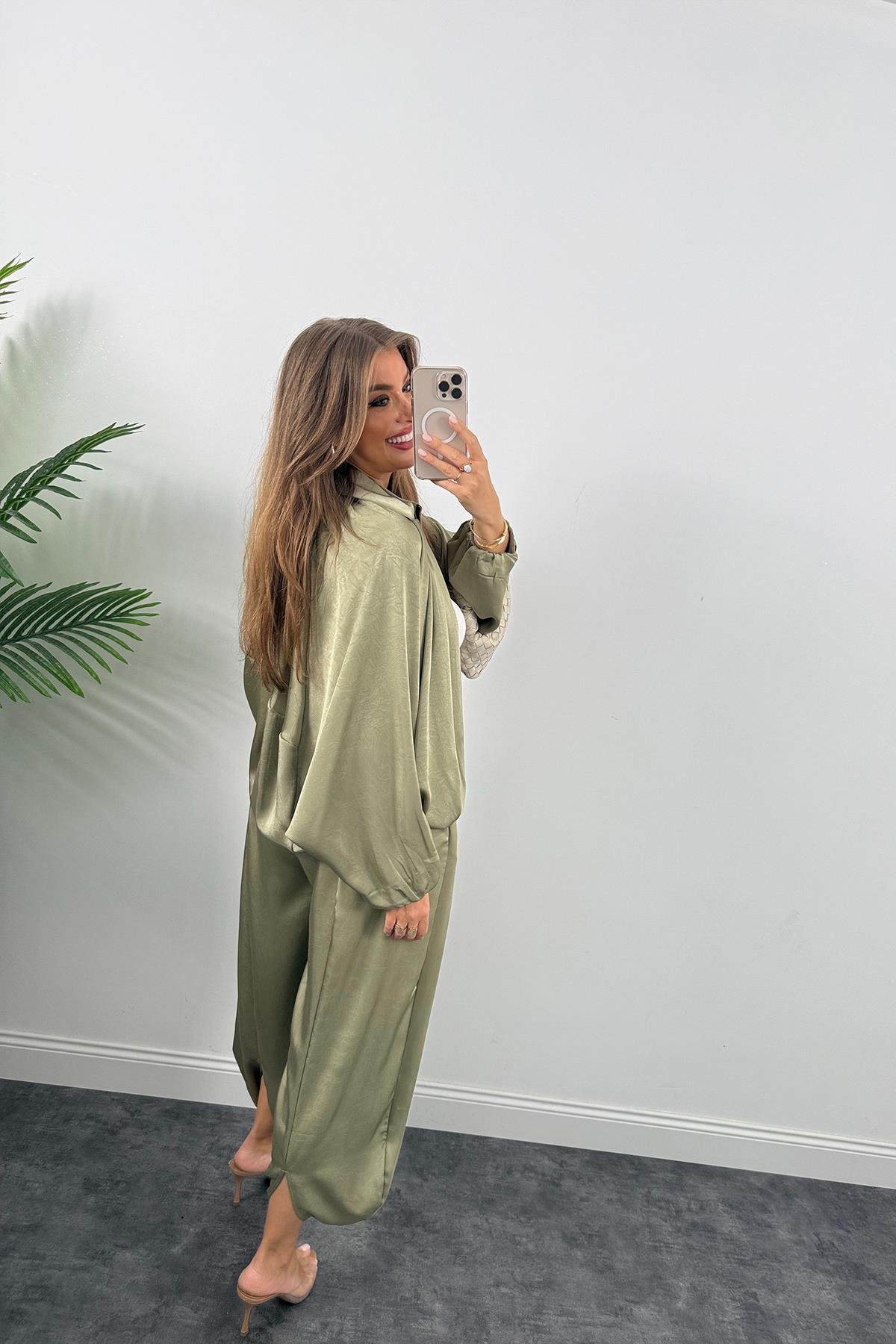 Premium Seri Tasarım Saten Şalvar Pantolon Haki