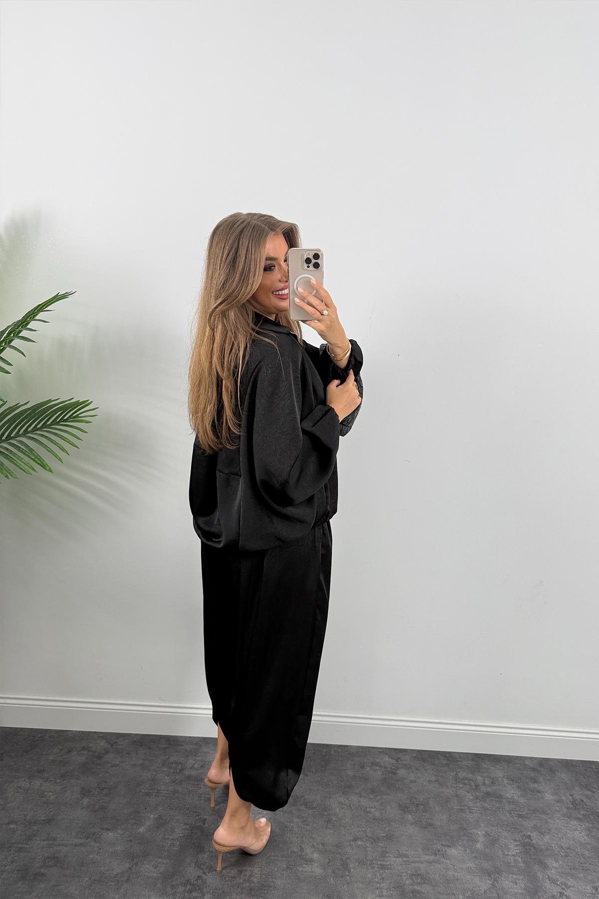 Premium Seri Tasarım Saten Şalvar Pantolon Siyah