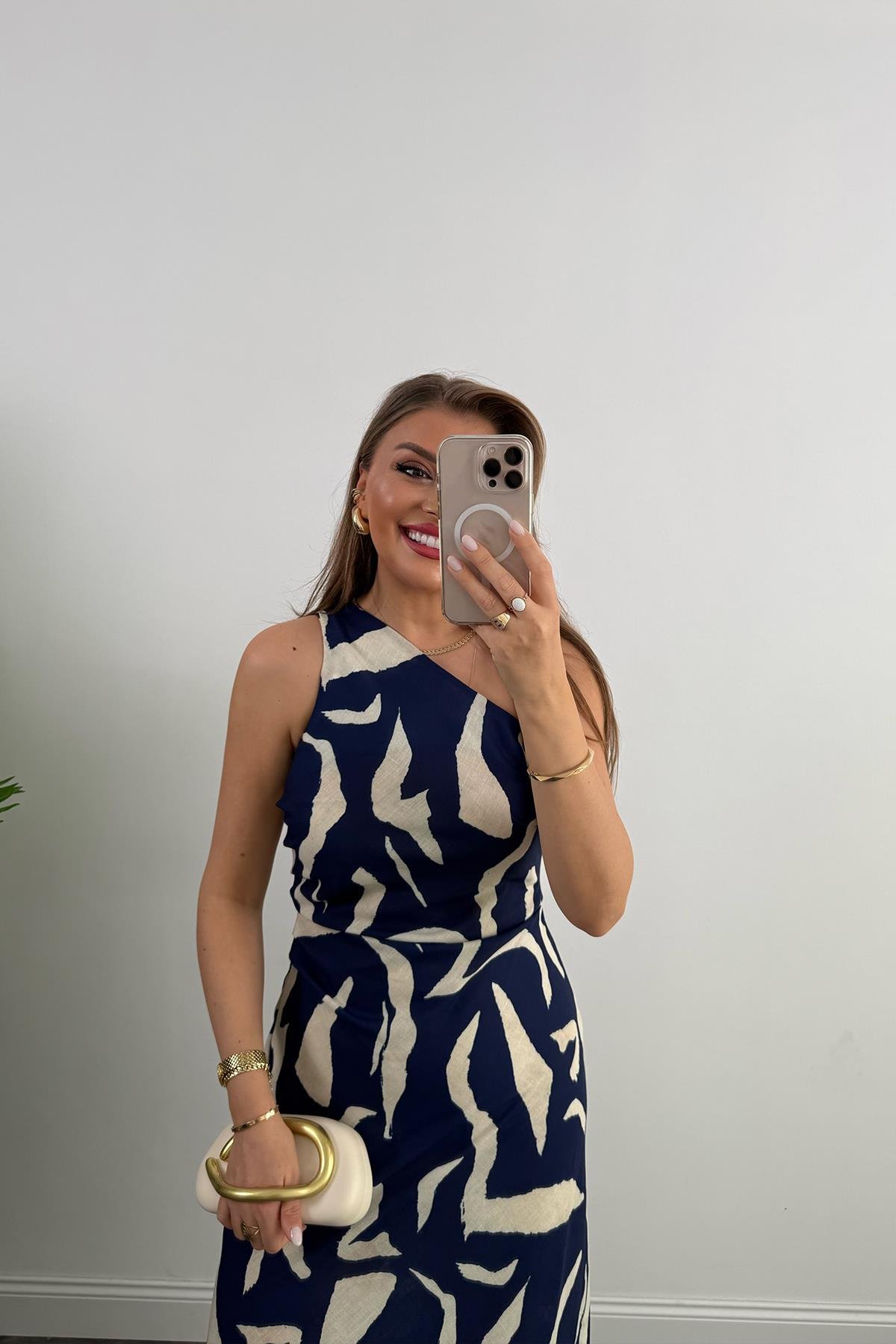 Premium Seri Tek Omuz Keten Midi Elbise Lacivert Krem