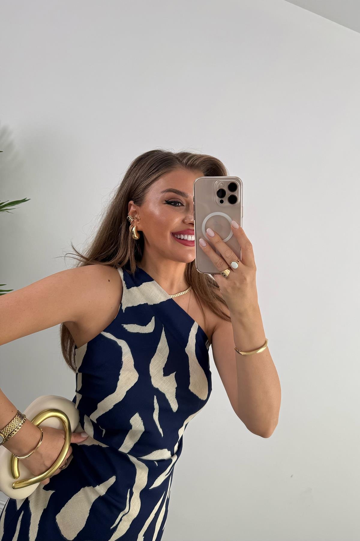 Premium Seri Tek Omuz Keten Midi Elbise Lacivert Krem