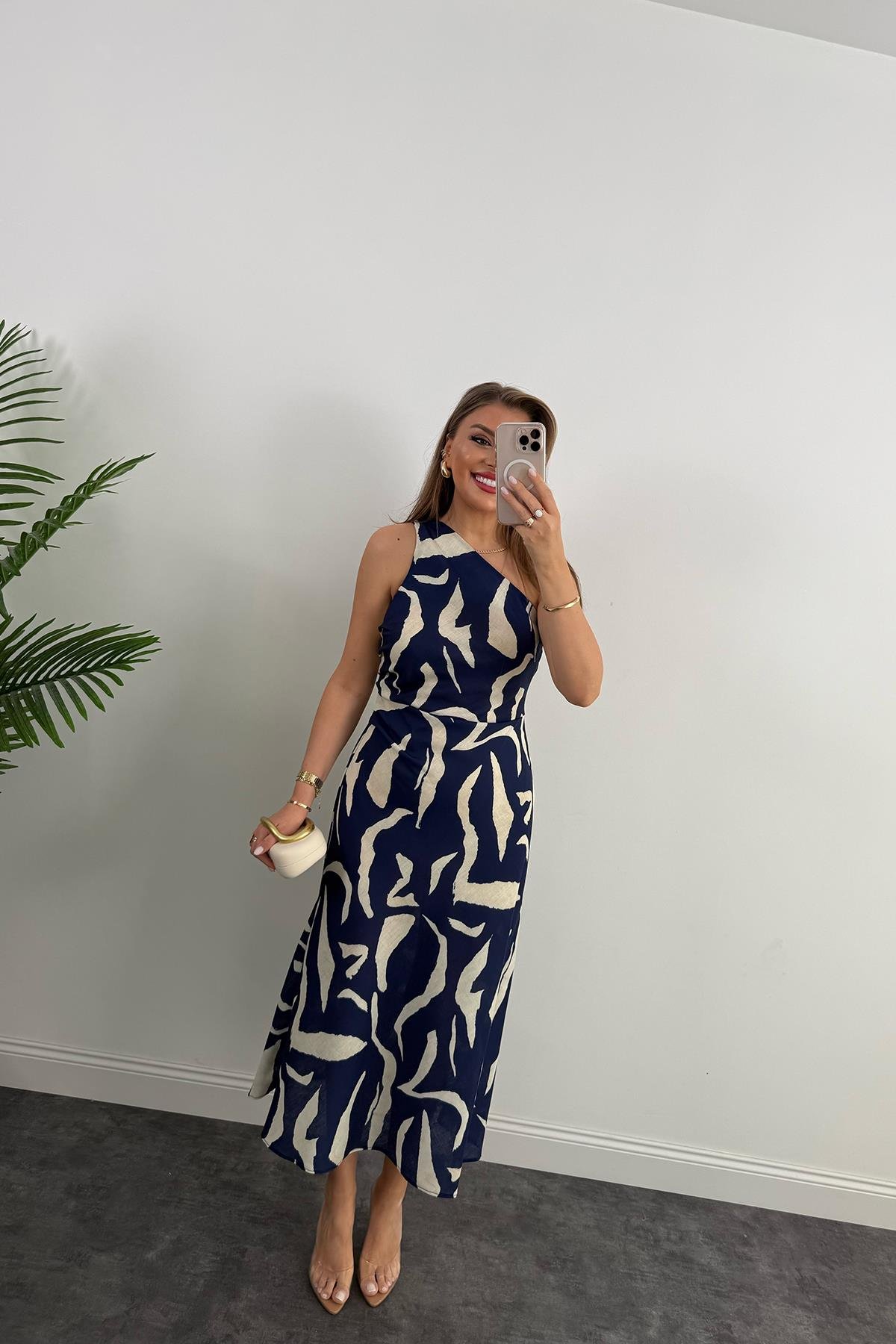 Premium Seri Tek Omuz Keten Midi Elbise Lacivert Krem