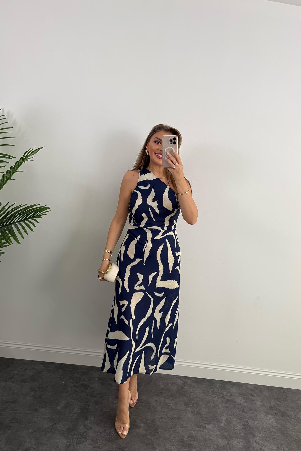 Premium Seri Tek Omuz Keten Midi Elbise Lacivert Krem