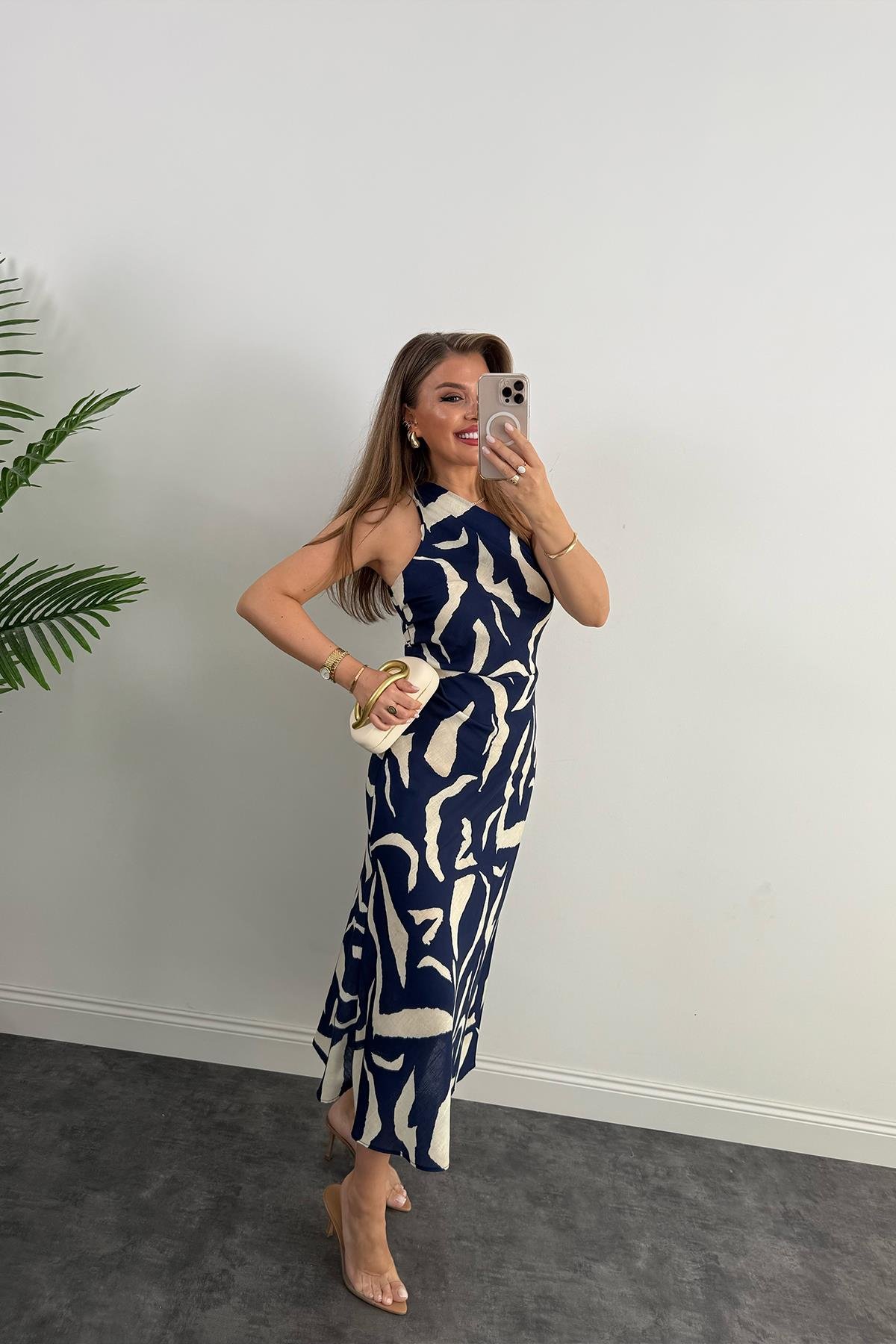 Premium Seri Tek Omuz Keten Midi Elbise Lacivert Krem