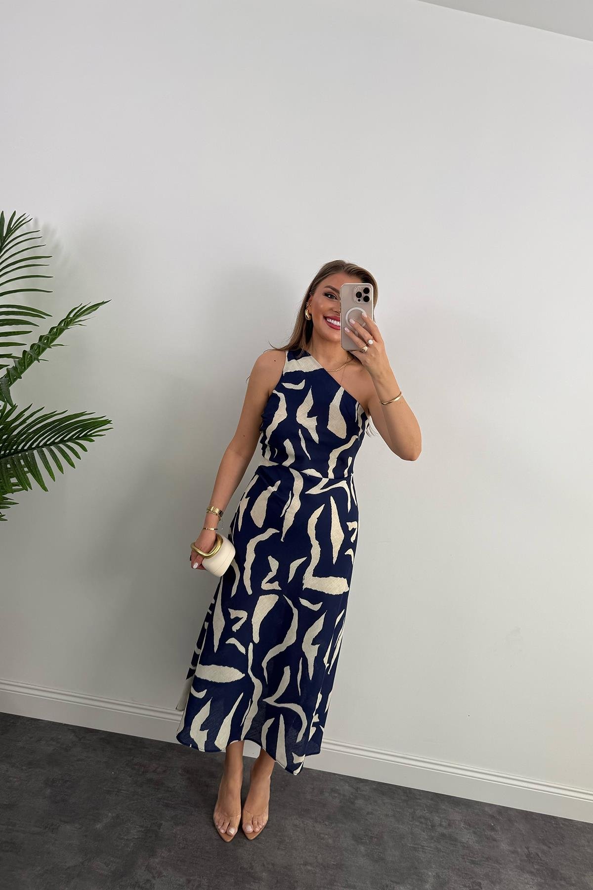 Premium Seri Tek Omuz Keten Midi Elbise Lacivert Krem