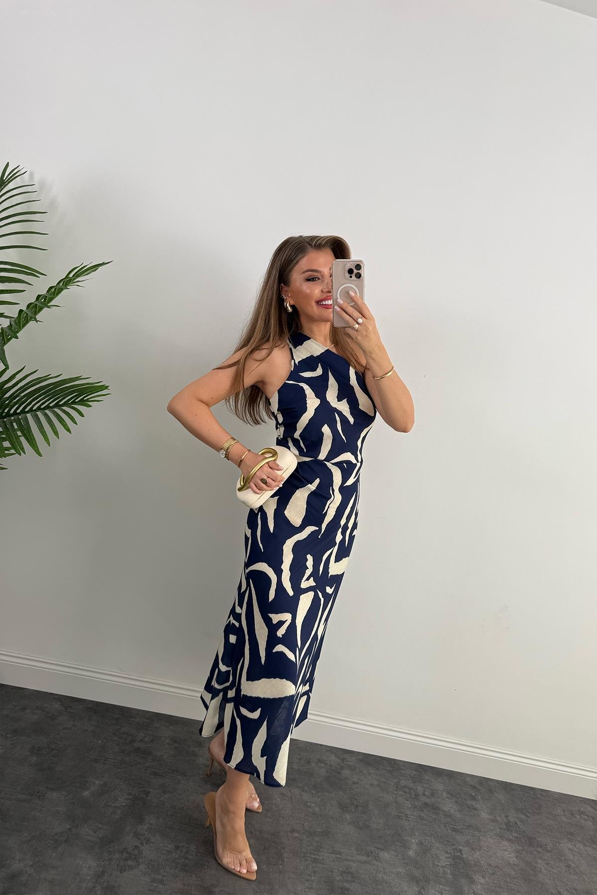 Premium Seri Tek Omuz Keten Midi Elbise Lacivert Krem