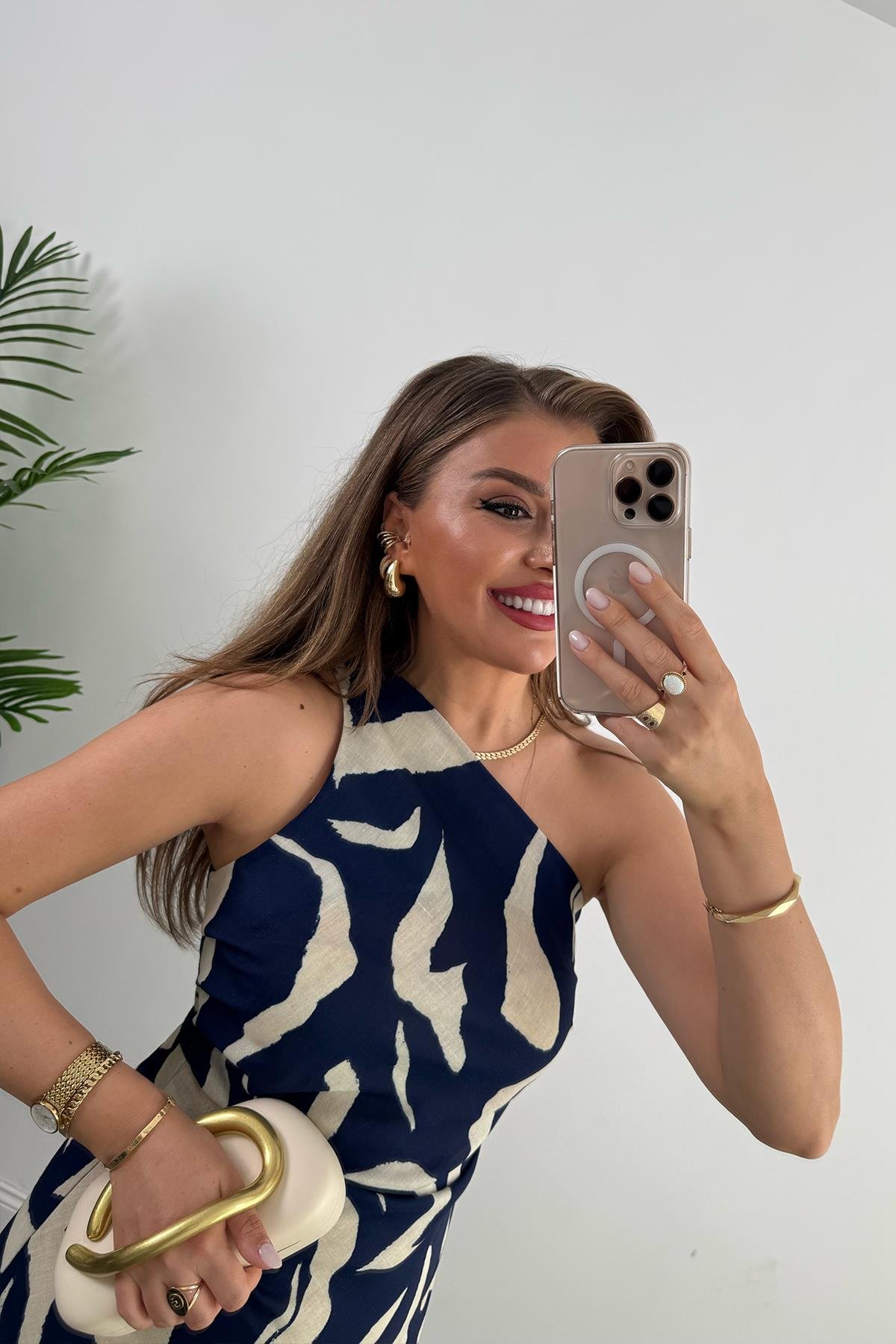 Premium Seri Tek Omuz Keten Midi Elbise Lacivert Krem