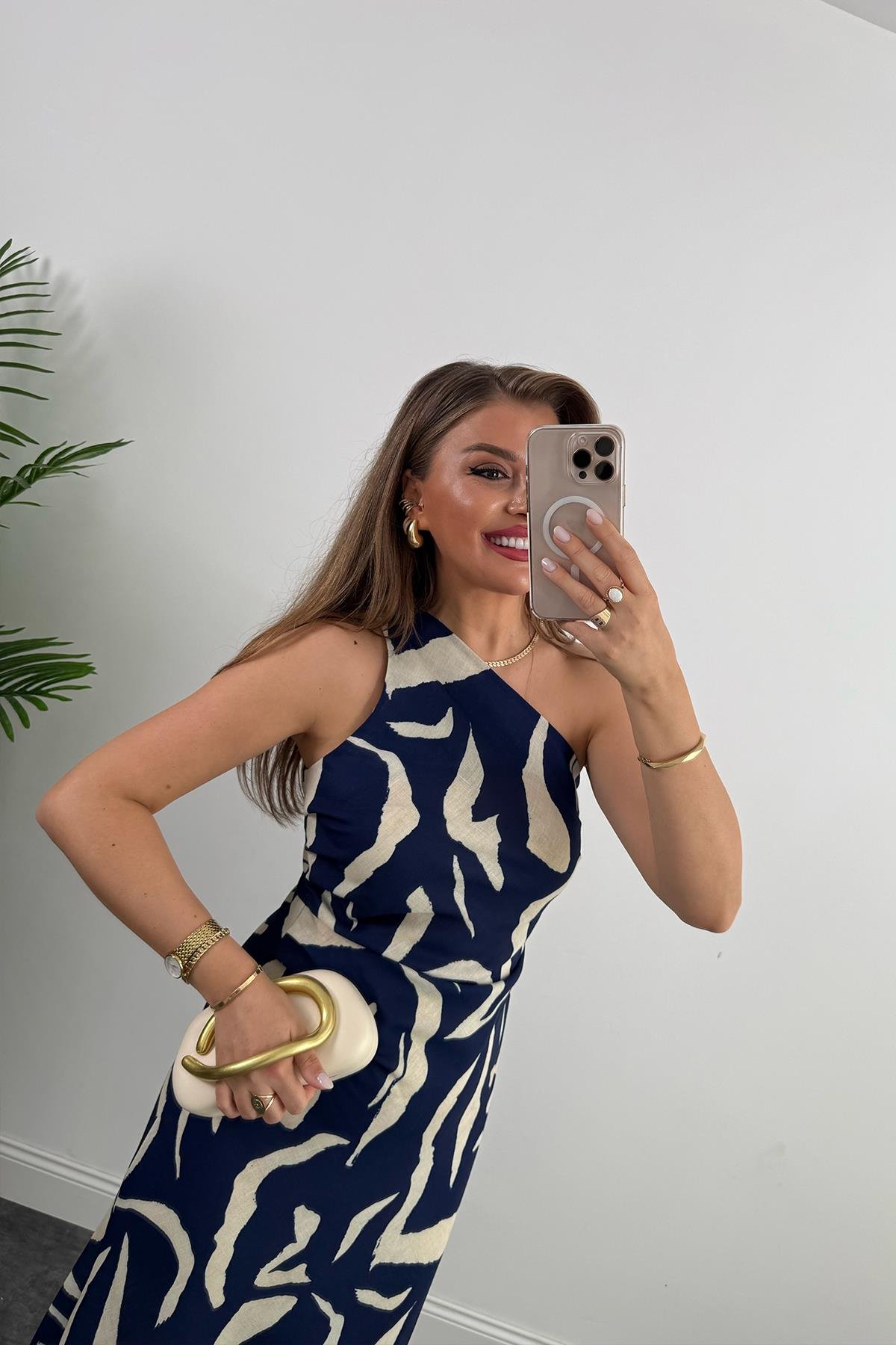 Premium Seri Tek Omuz Keten Midi Elbise Lacivert Krem