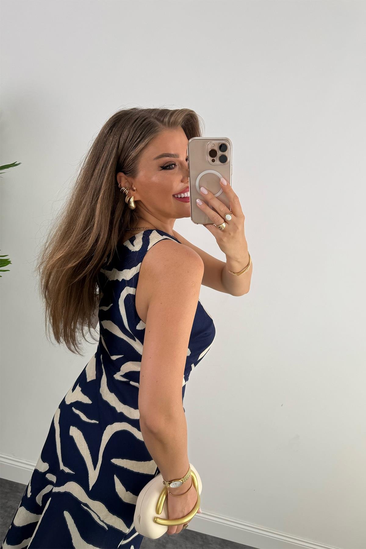 Premium Seri Tek Omuz Keten Midi Elbise Lacivert Krem