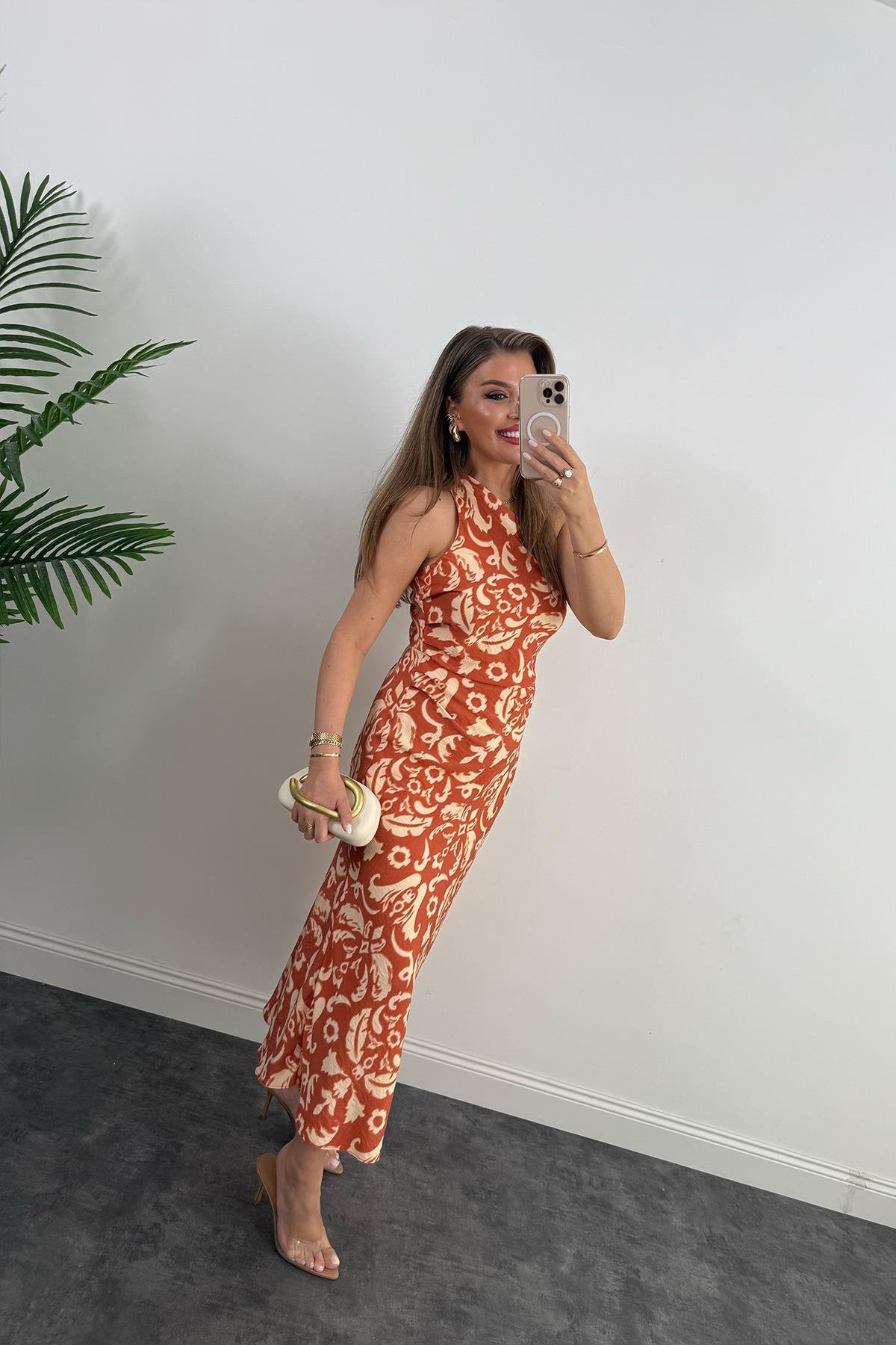 Premium Seri Tek Omuz Keten Midi Elbise Kiremit Krem