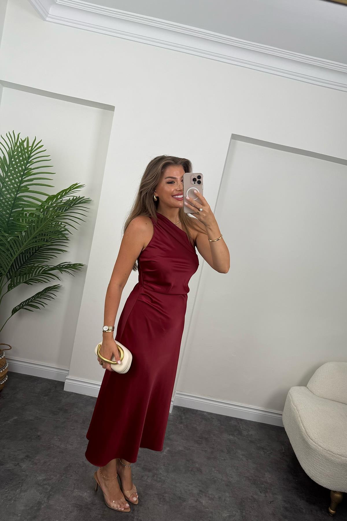 Premium Seri Tek Omuz Saten Maxi Elbise Bordo