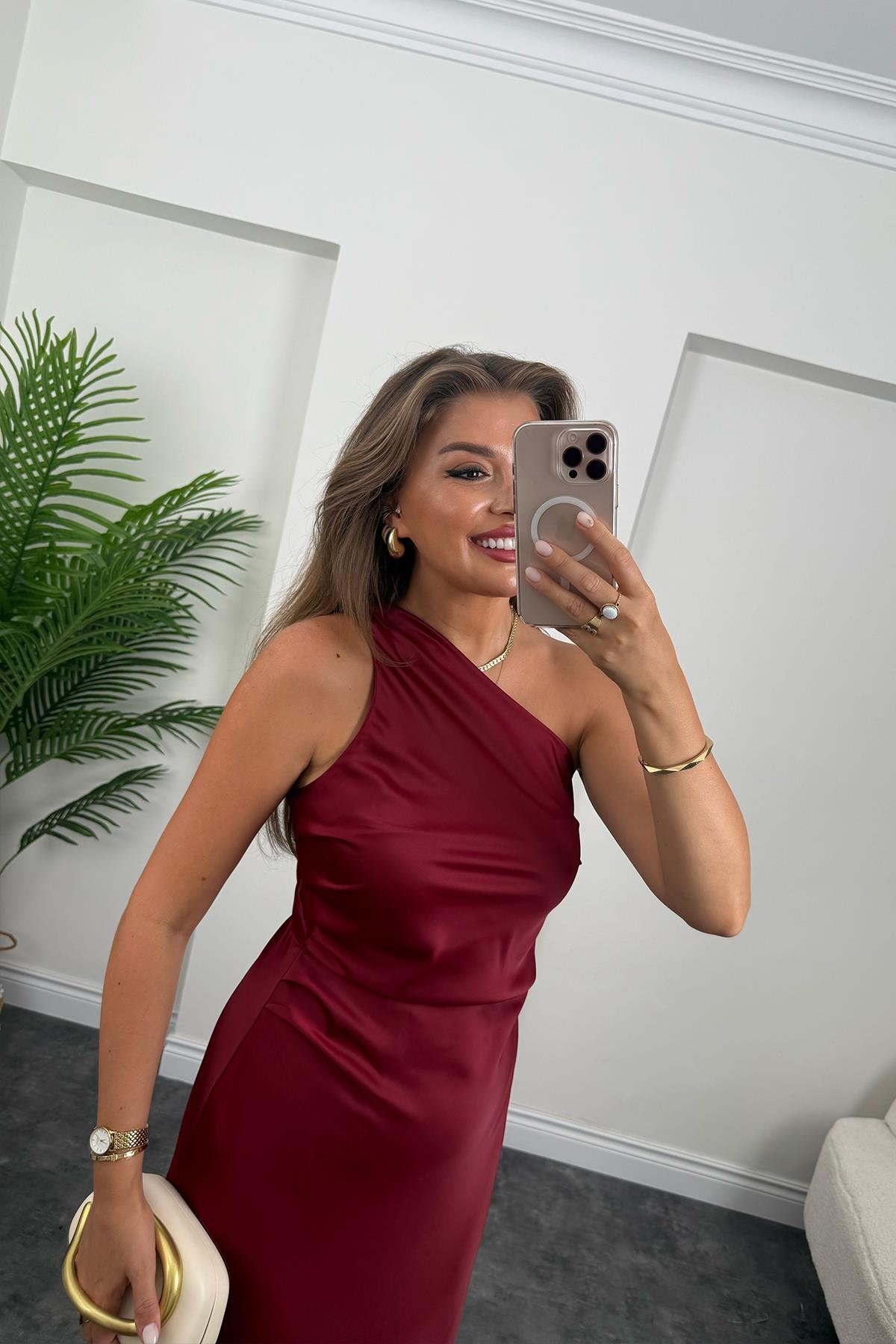 Premium Seri Tek Omuz Saten Maxi Elbise Bordo