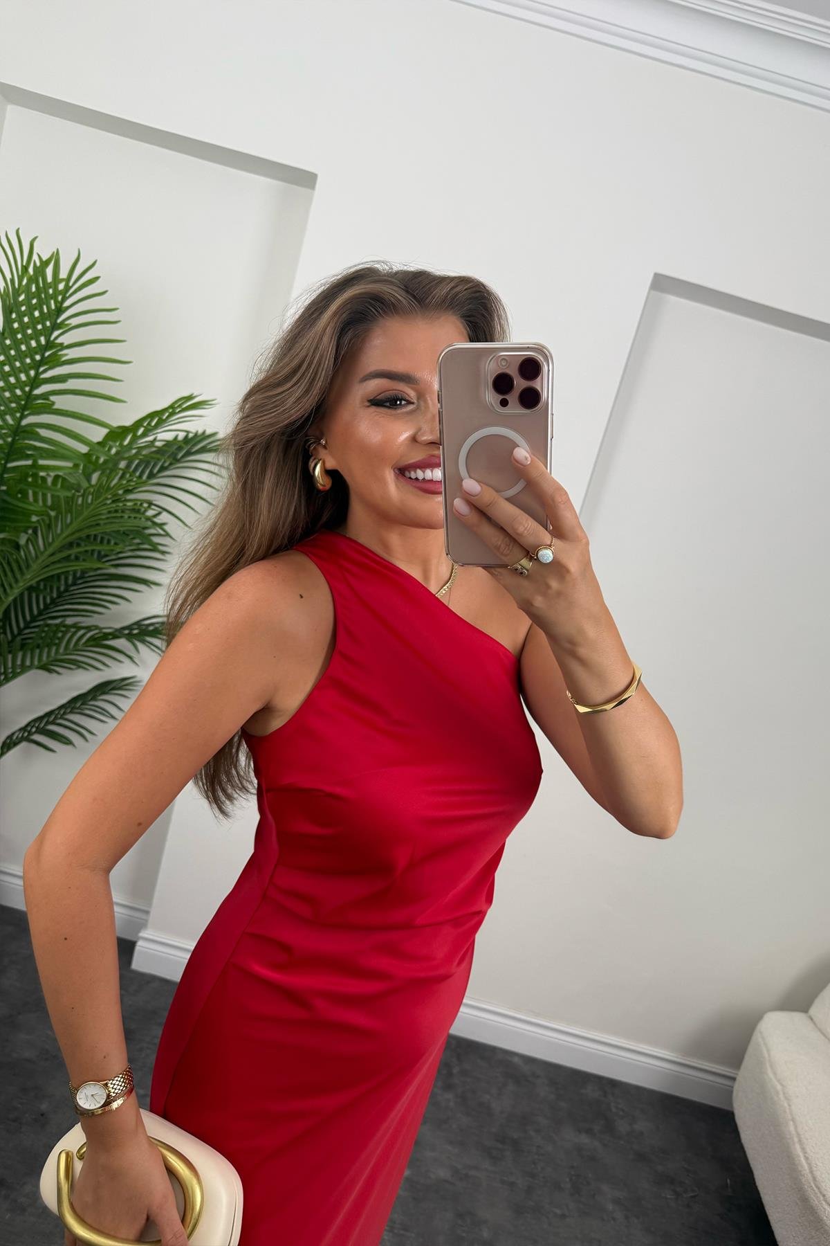 Premium Seri Tek Omuz Saten Maxi Elbise Kırmızı