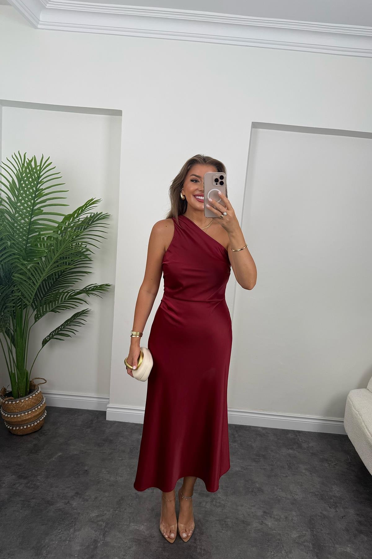 Premium Seri Tek Omuz Saten Maxi Elbise Bordo