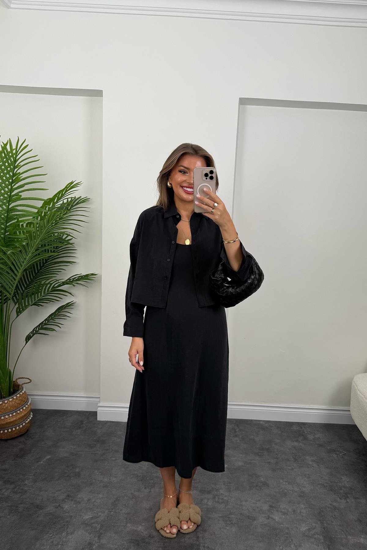 Premium Seri Tensel Kumaş Elbise Gömlek Takım Siyah