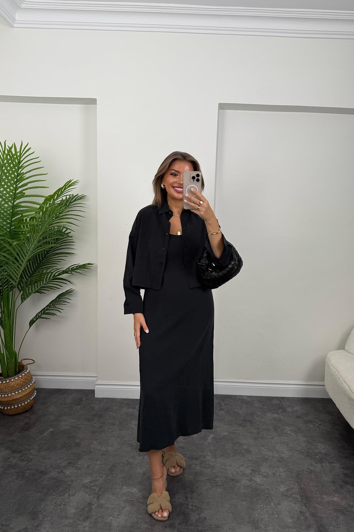 Premium Seri Tensel Kumaş Elbise Gömlek Takım Siyah