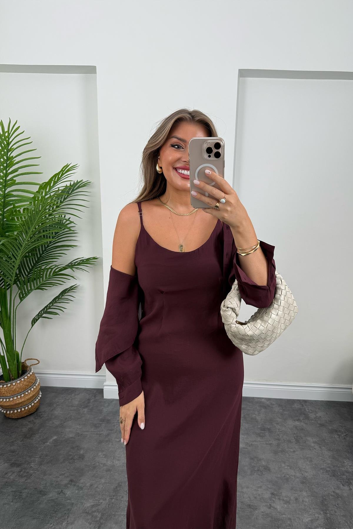 Premium Seri Tensel Kumaş Elbise Gömlek Takım Mürdüm