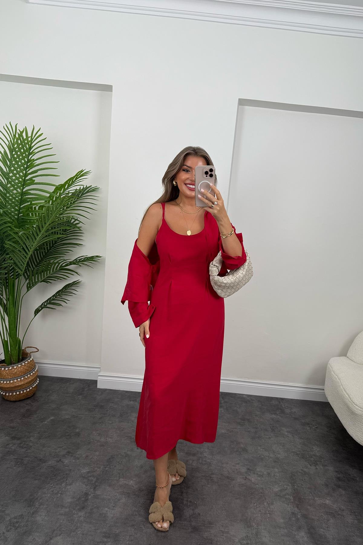 Premium Seri Tensel Kumaş Elbise Gömlek Takım Tatlı Kırmızı