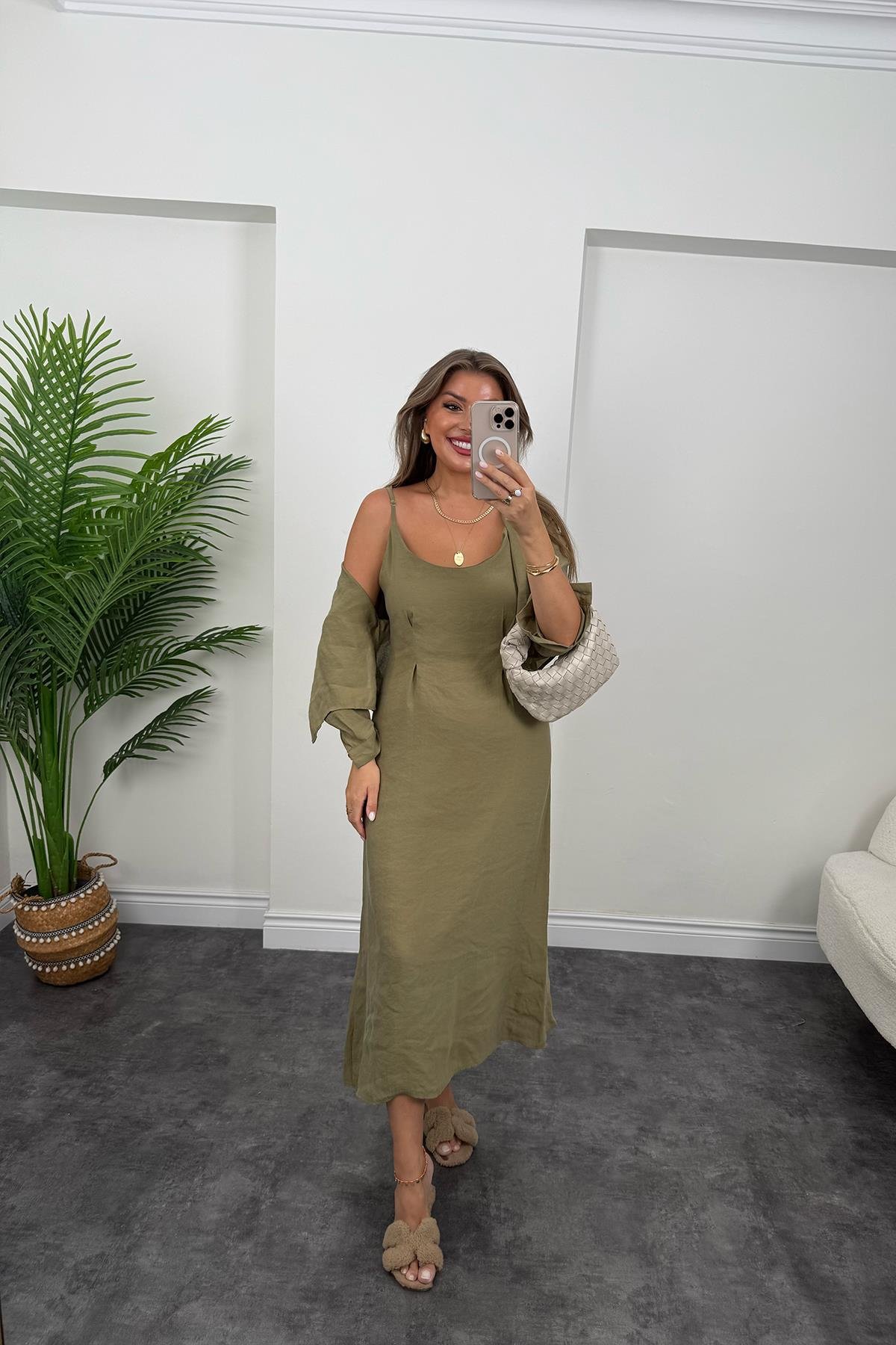 Premium Seri Tensel Kumaş Elbise Gömlek Takım Haki