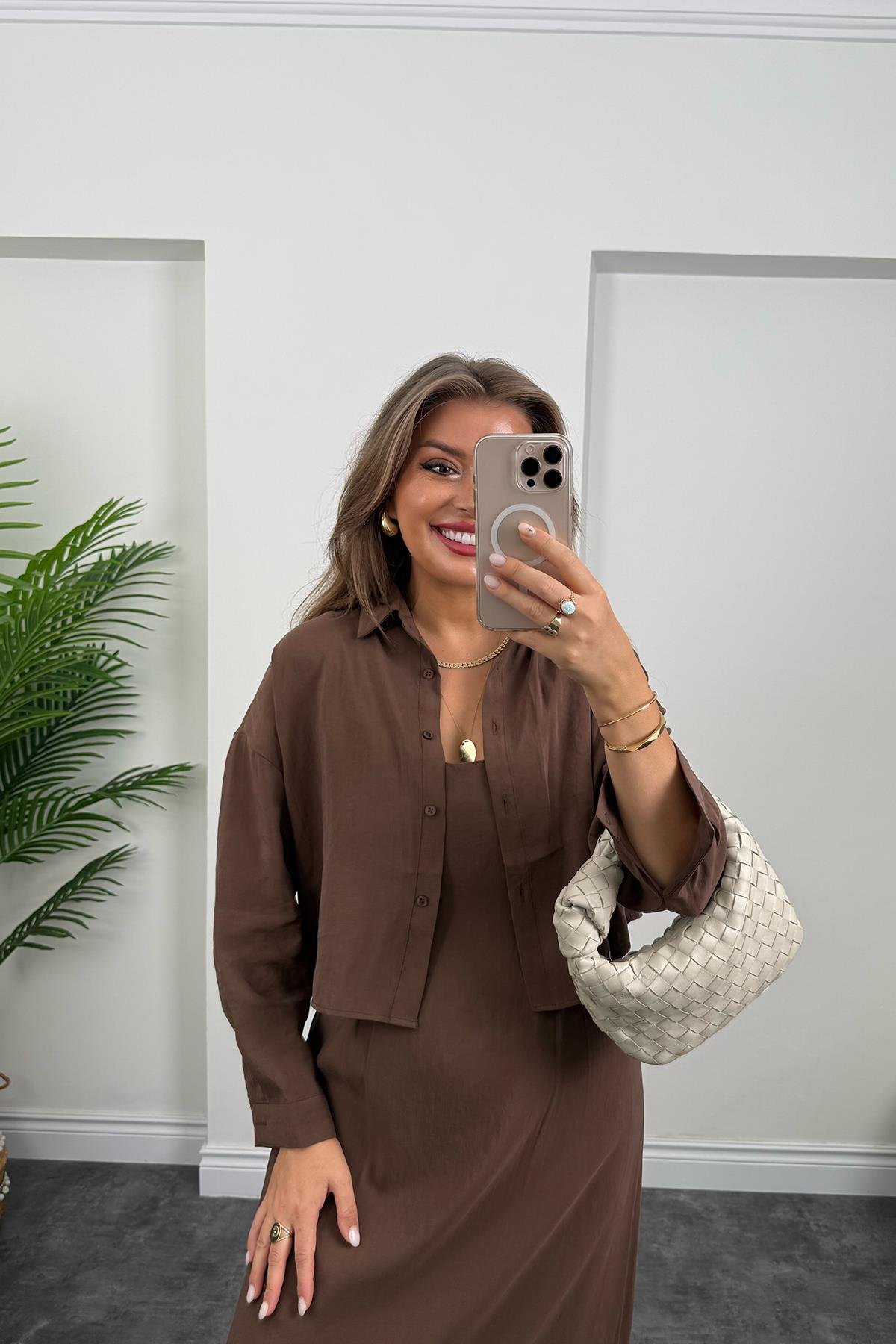Premium Seri Tensel Kumaş Elbise Gömlek Takım Kahverengi