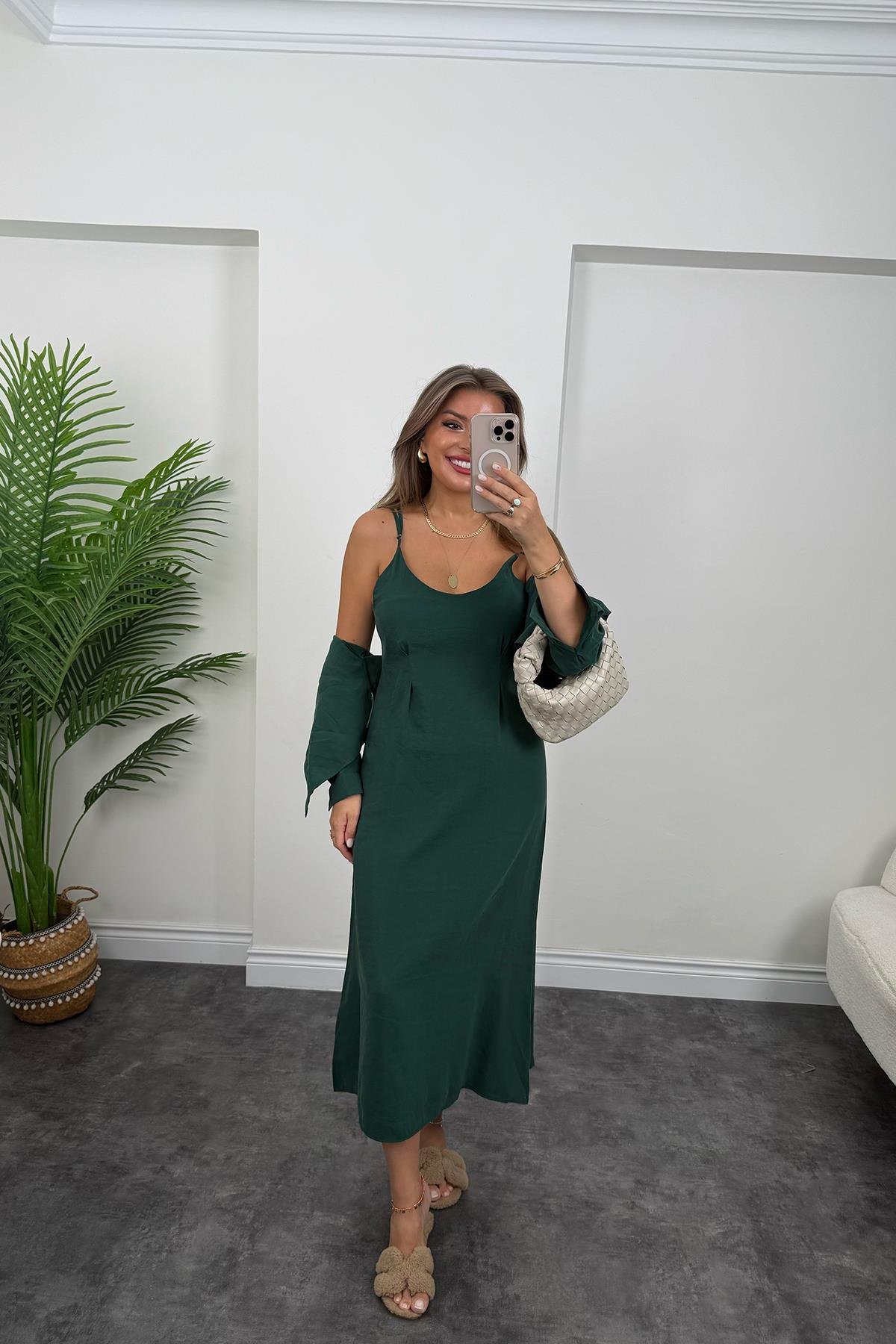 Premium Seri Tensel Kumaş Elbise Gömlek Takım Zümrüt