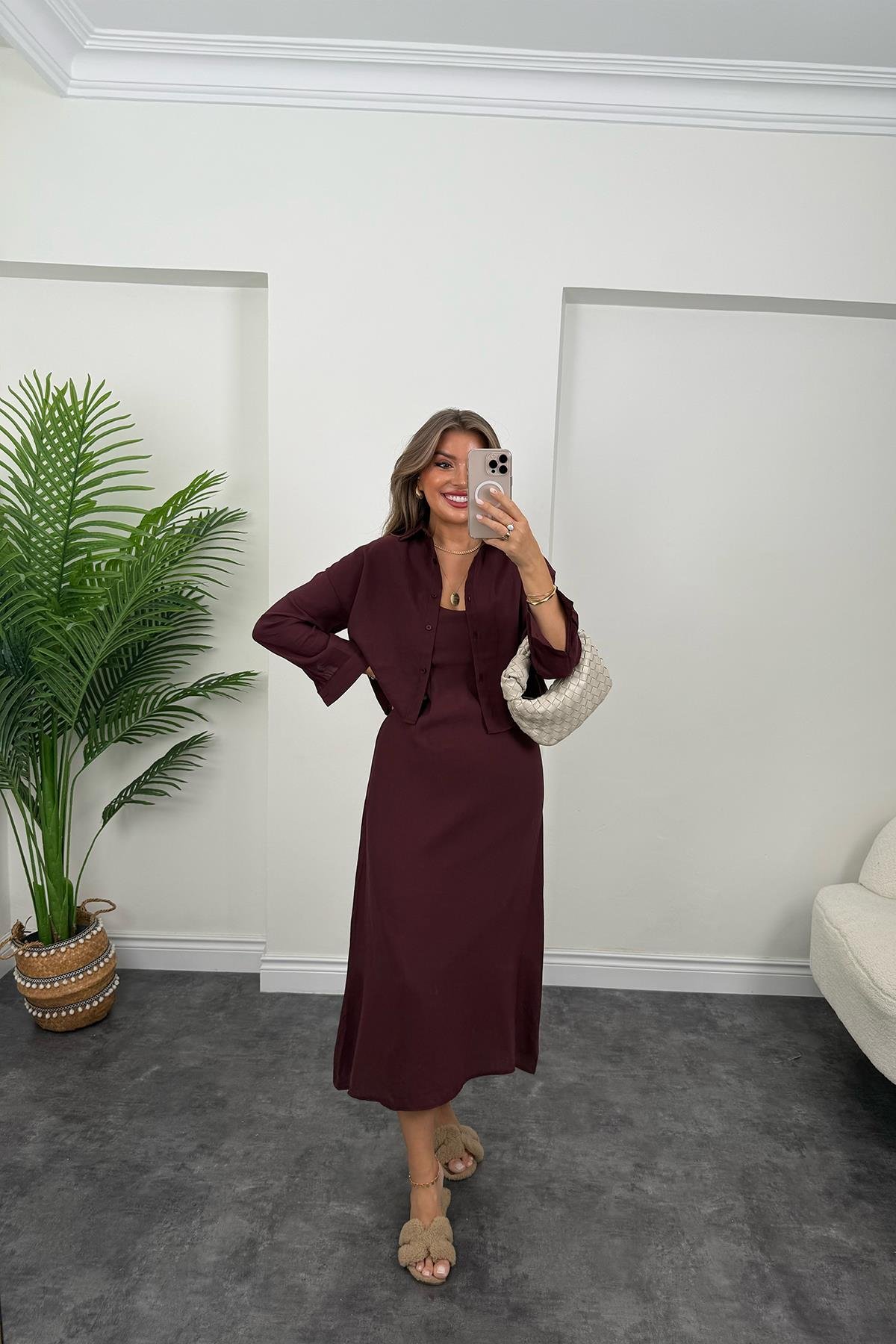 Premium Seri Tensel Kumaş Elbise Gömlek Takım Mürdüm