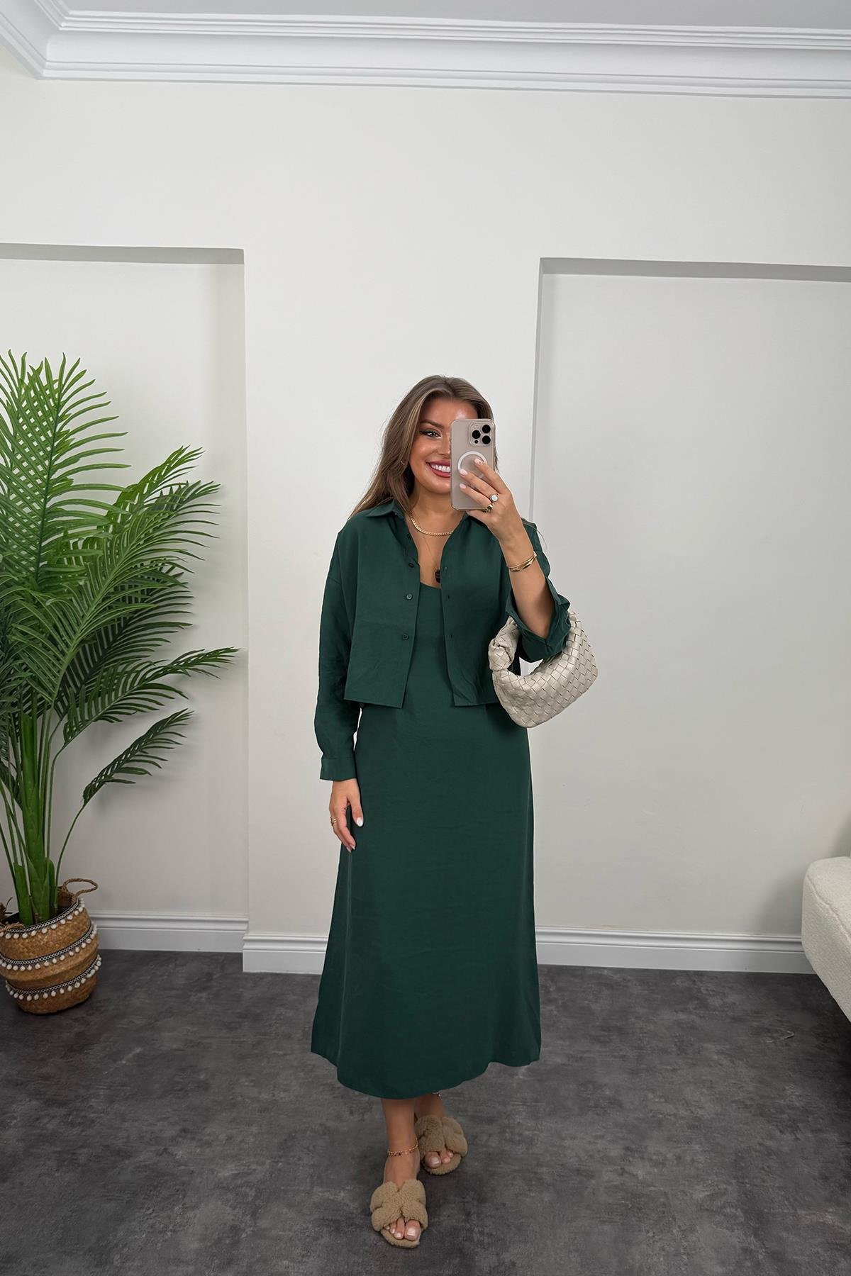 Premium Seri Tensel Kumaş Elbise Gömlek Takım Zümrüt