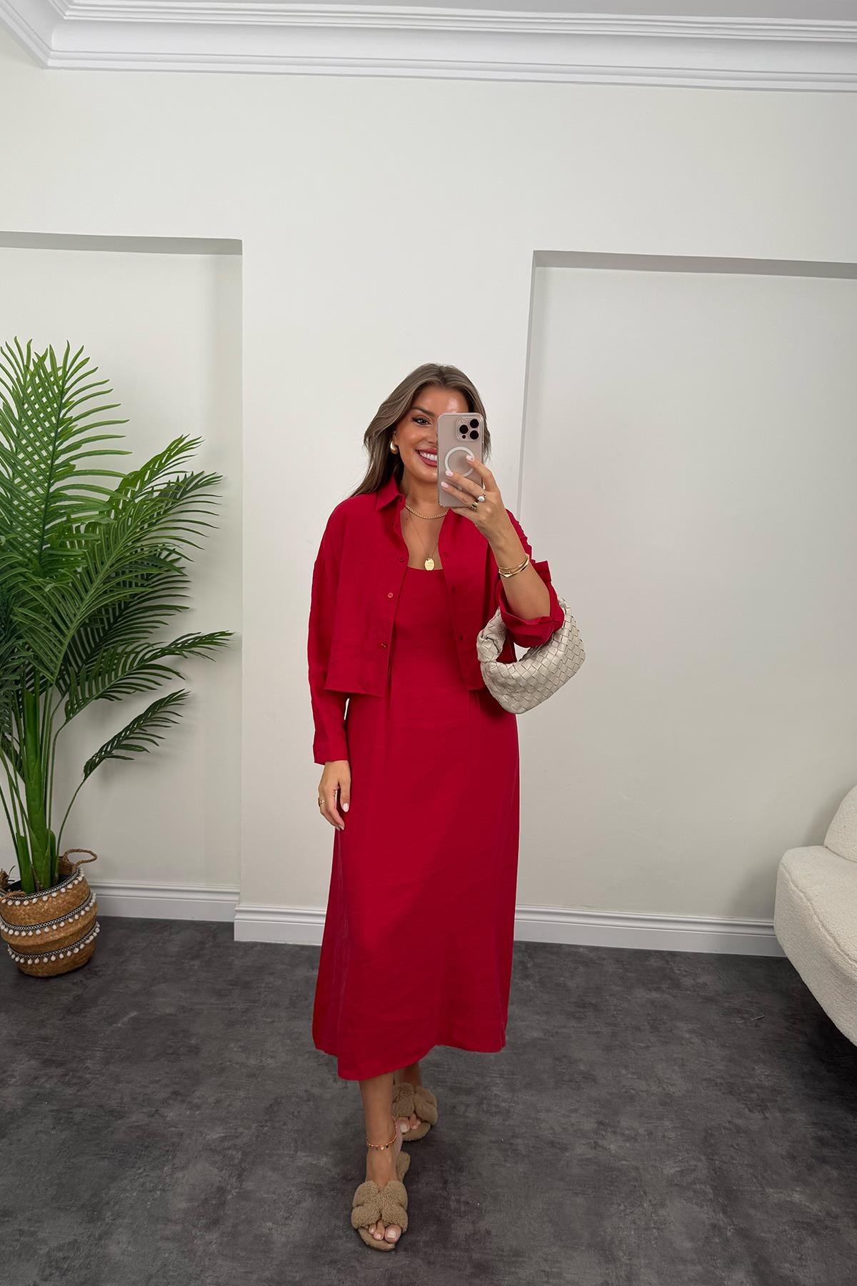 Premium Seri Tensel Kumaş Elbise Gömlek Takım Tatlı Kırmızı