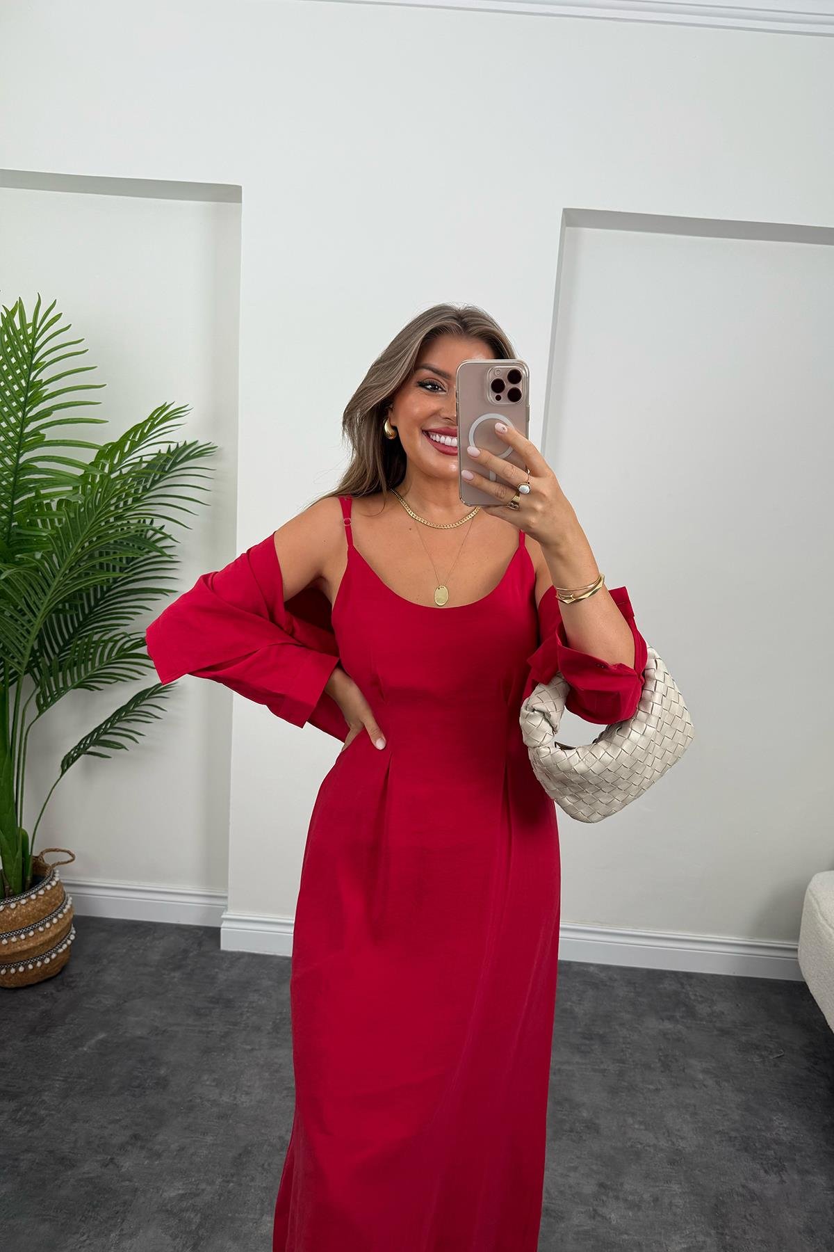 Premium Seri Tensel Kumaş Elbise Gömlek Takım Tatlı Kırmızı