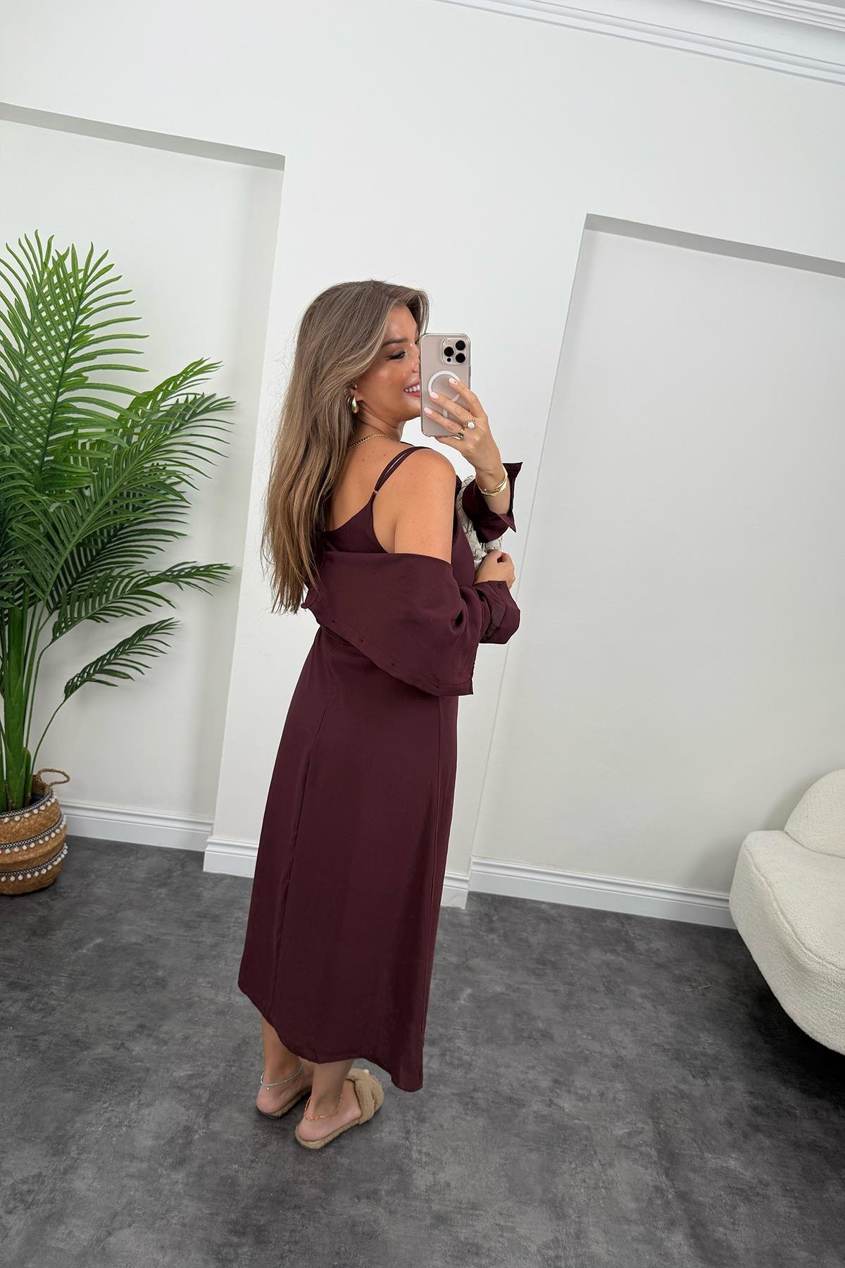 Premium Seri Tensel Kumaş Elbise Gömlek Takım Mürdüm