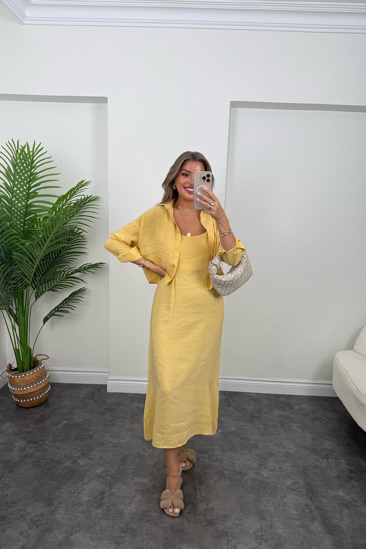 Premium Seri Tensel Kumaş Elbise Gömlek Takım Pastel Sarı