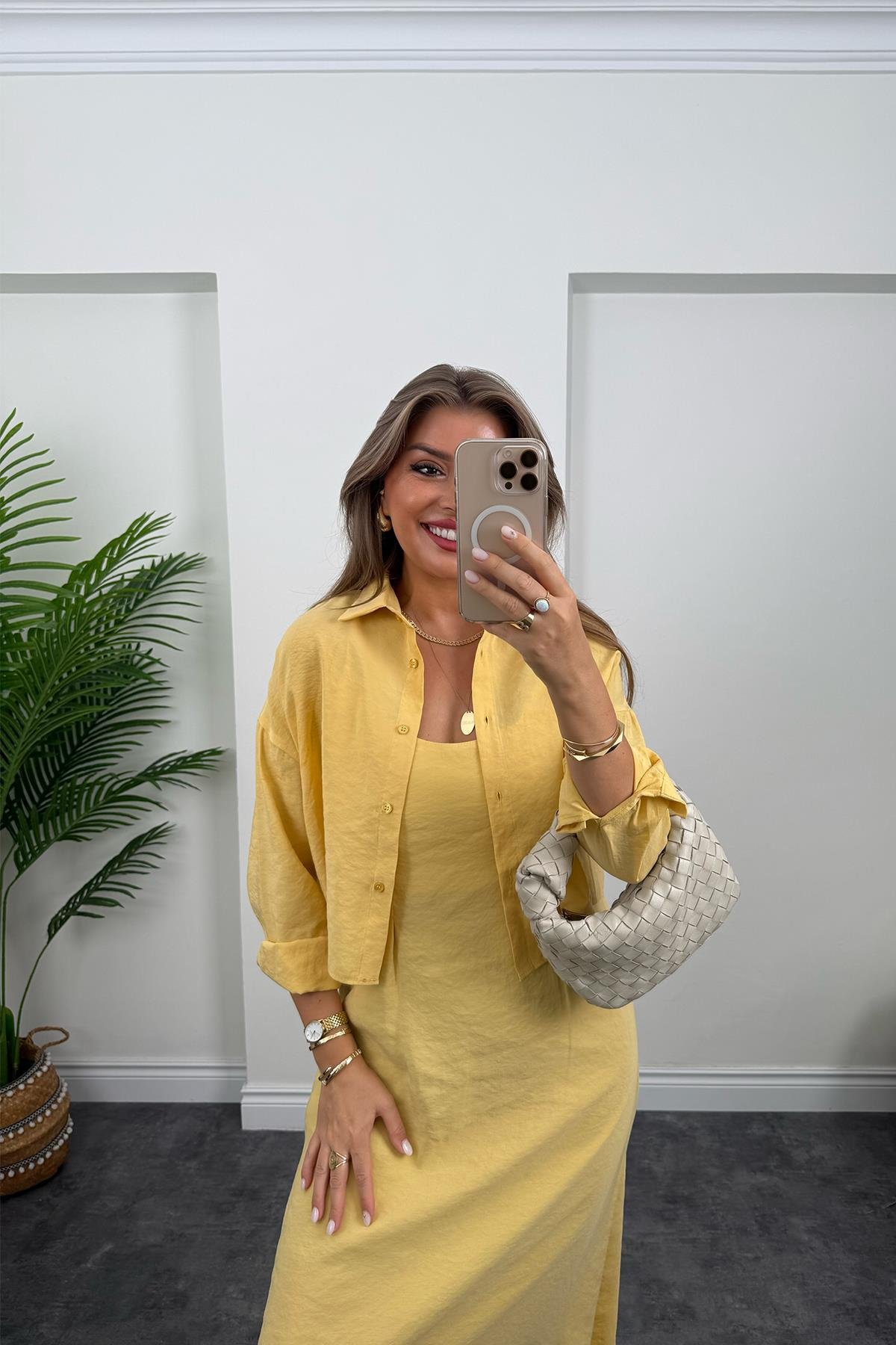 Premium Seri Tensel Kumaş Elbise Gömlek Takım Pastel Sarı