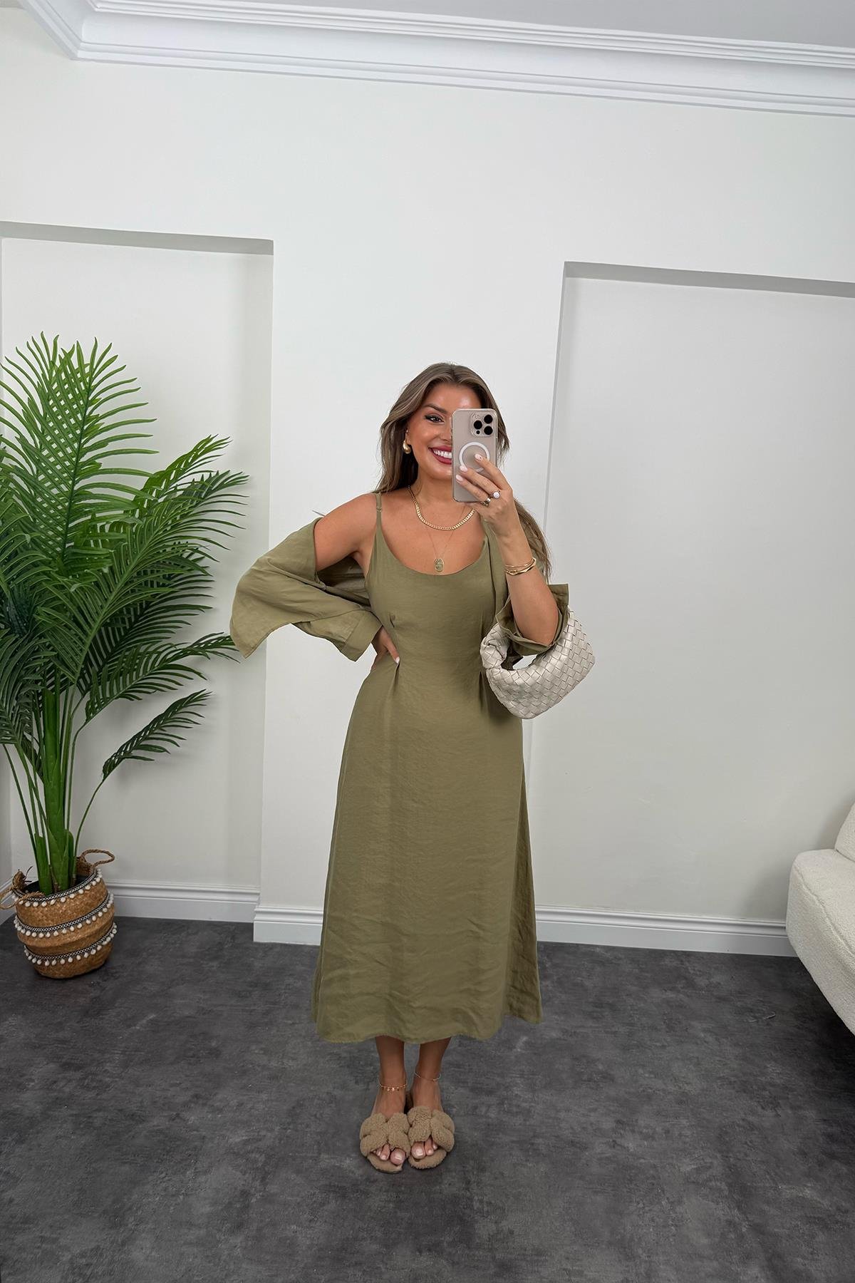 Premium Seri Tensel Kumaş Elbise Gömlek Takım Haki