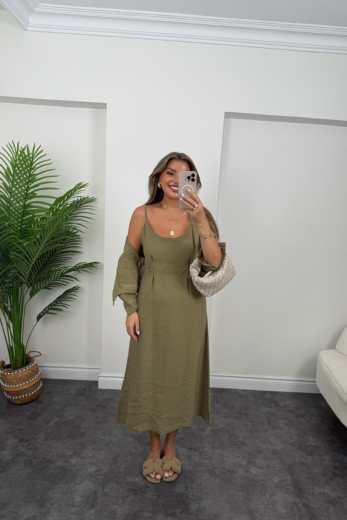 Premium Seri Tensel Kumaş Elbise Gömlek Takım Haki