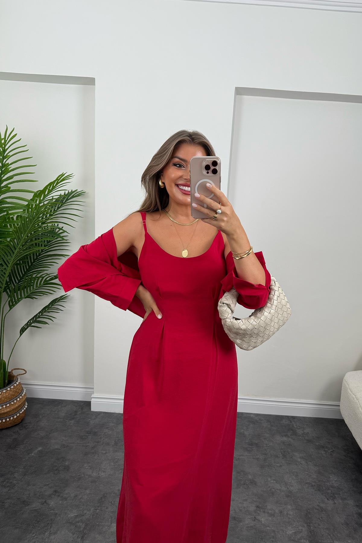 Premium Seri Tensel Kumaş Elbise Gömlek Takım Tatlı Kırmızı