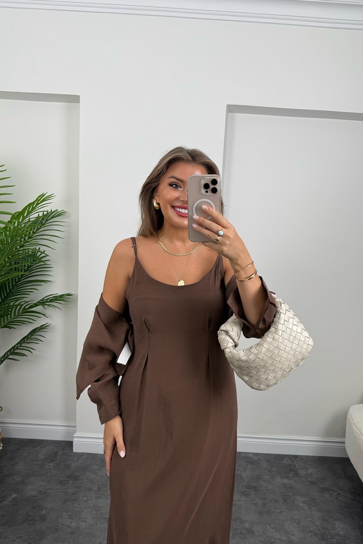 Premium Seri Tensel Kumaş Elbise Gömlek Takım Kahverengi