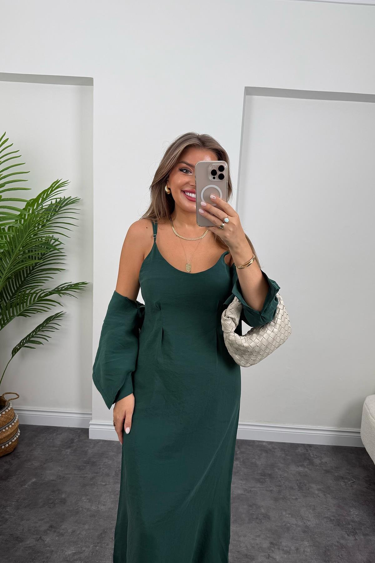 Premium Seri Tensel Kumaş Elbise Gömlek Takım Zümrüt