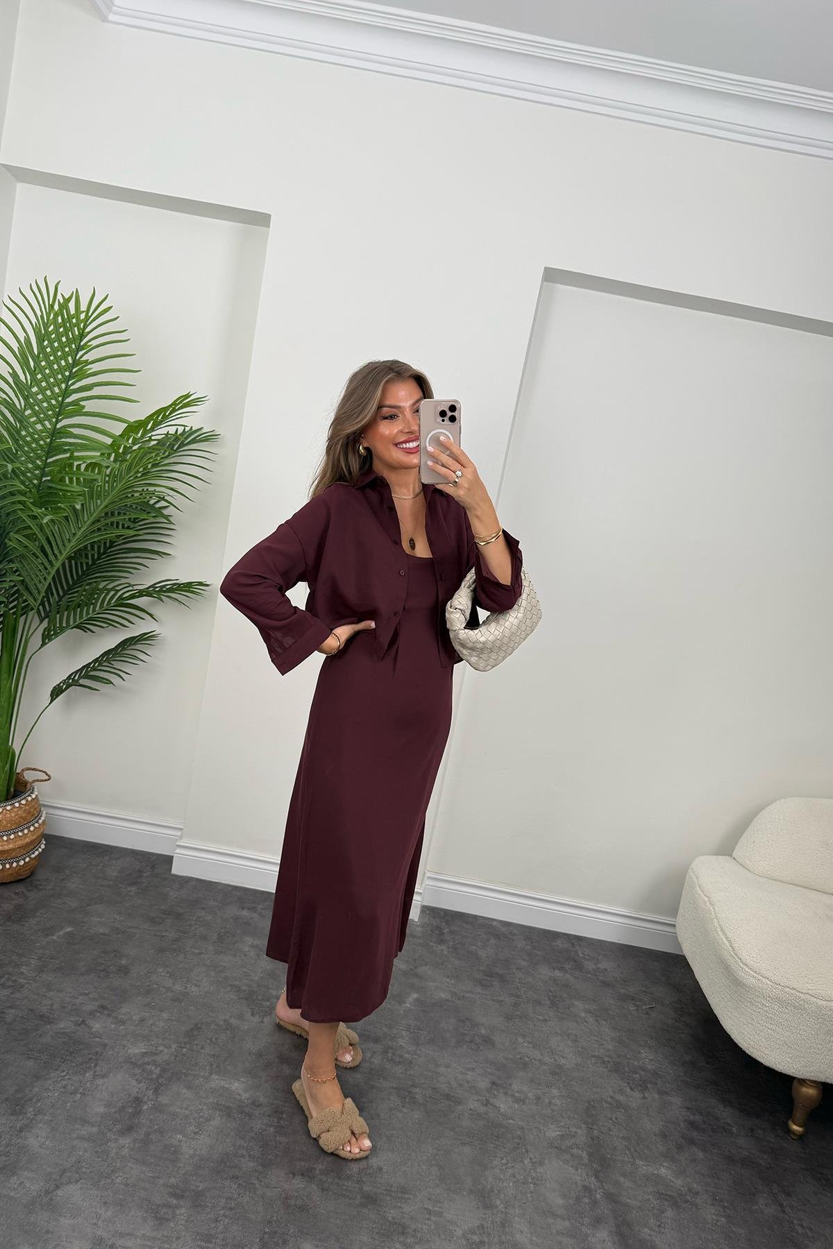 Premium Seri Tensel Kumaş Elbise Gömlek Takım Mürdüm