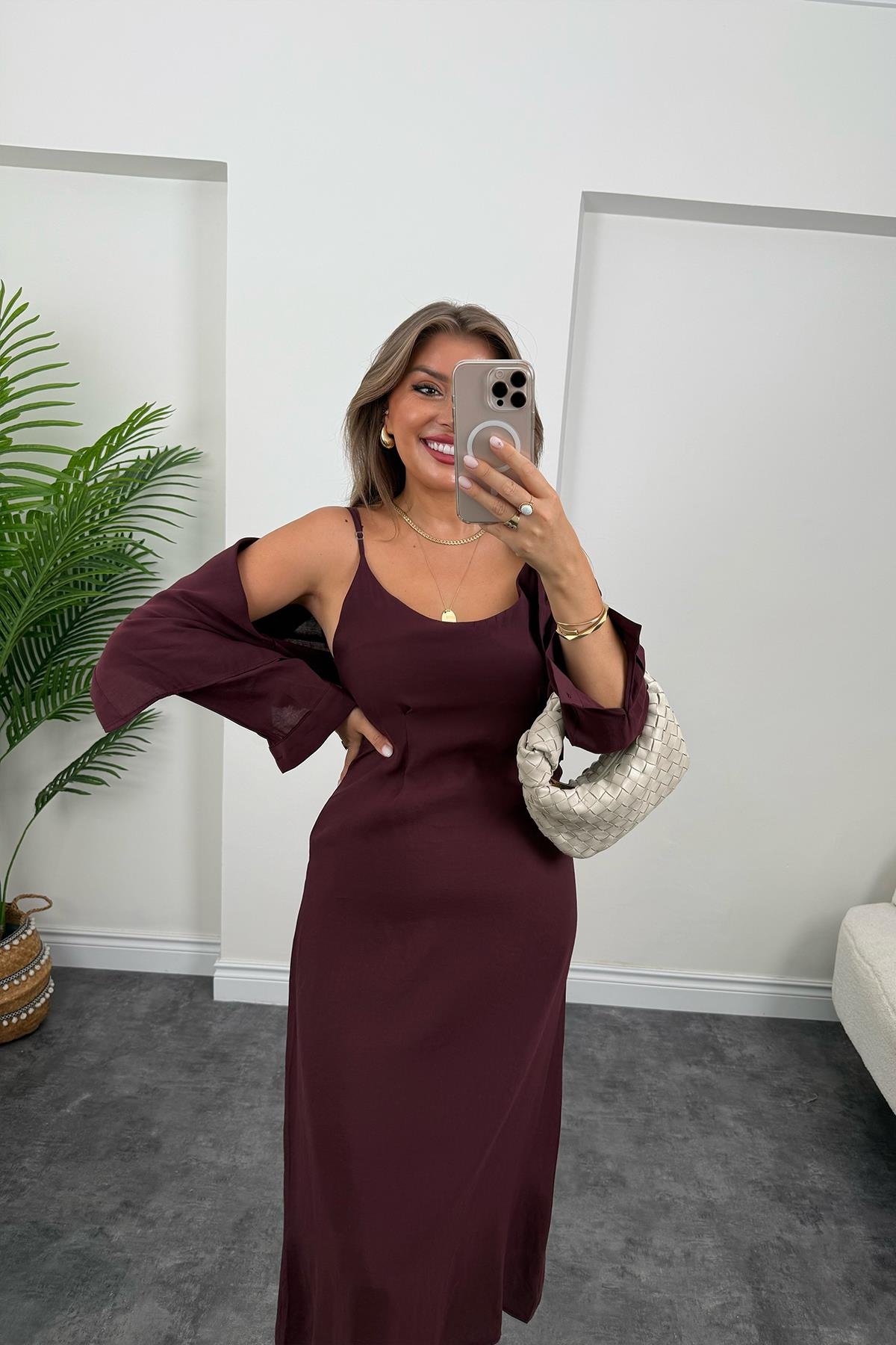 Premium Seri Tensel Kumaş Elbise Gömlek Takım Mürdüm