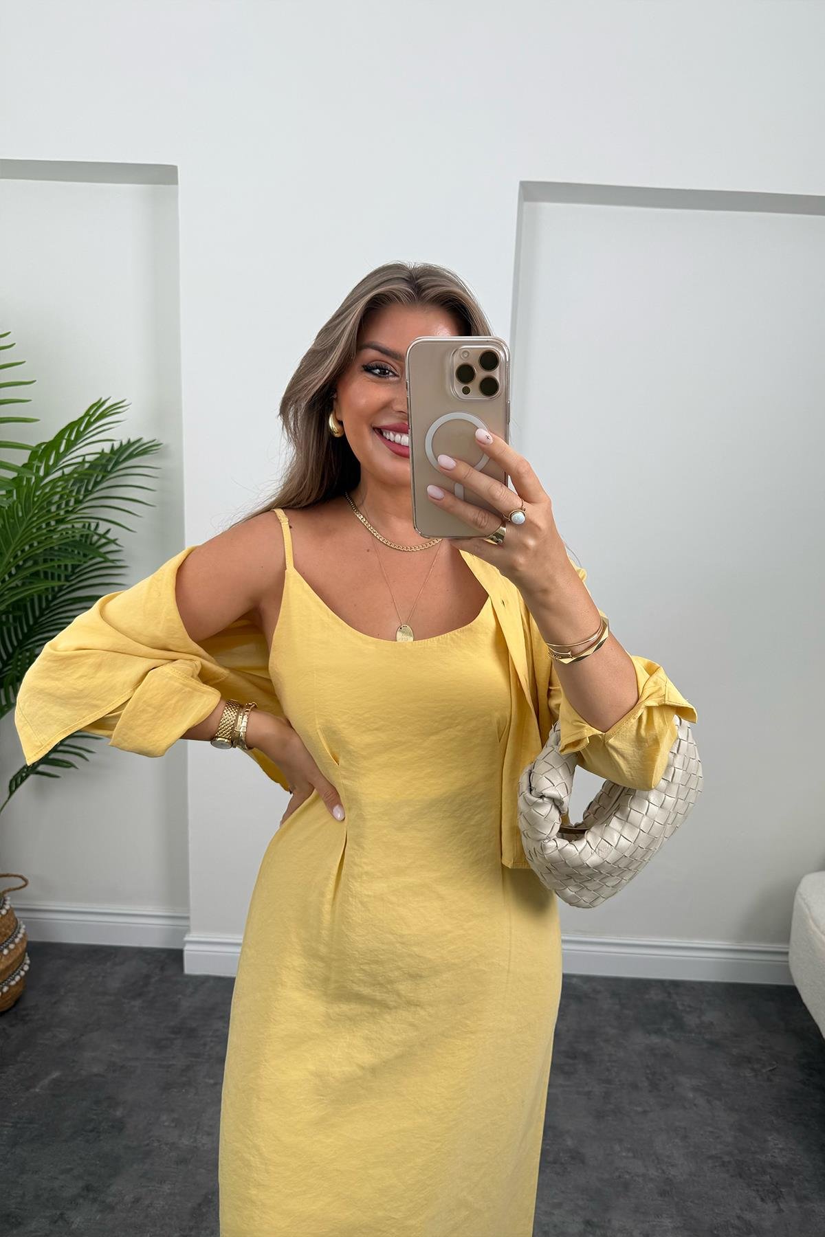 Premium Seri Tensel Kumaş Elbise Gömlek Takım Pastel Sarı