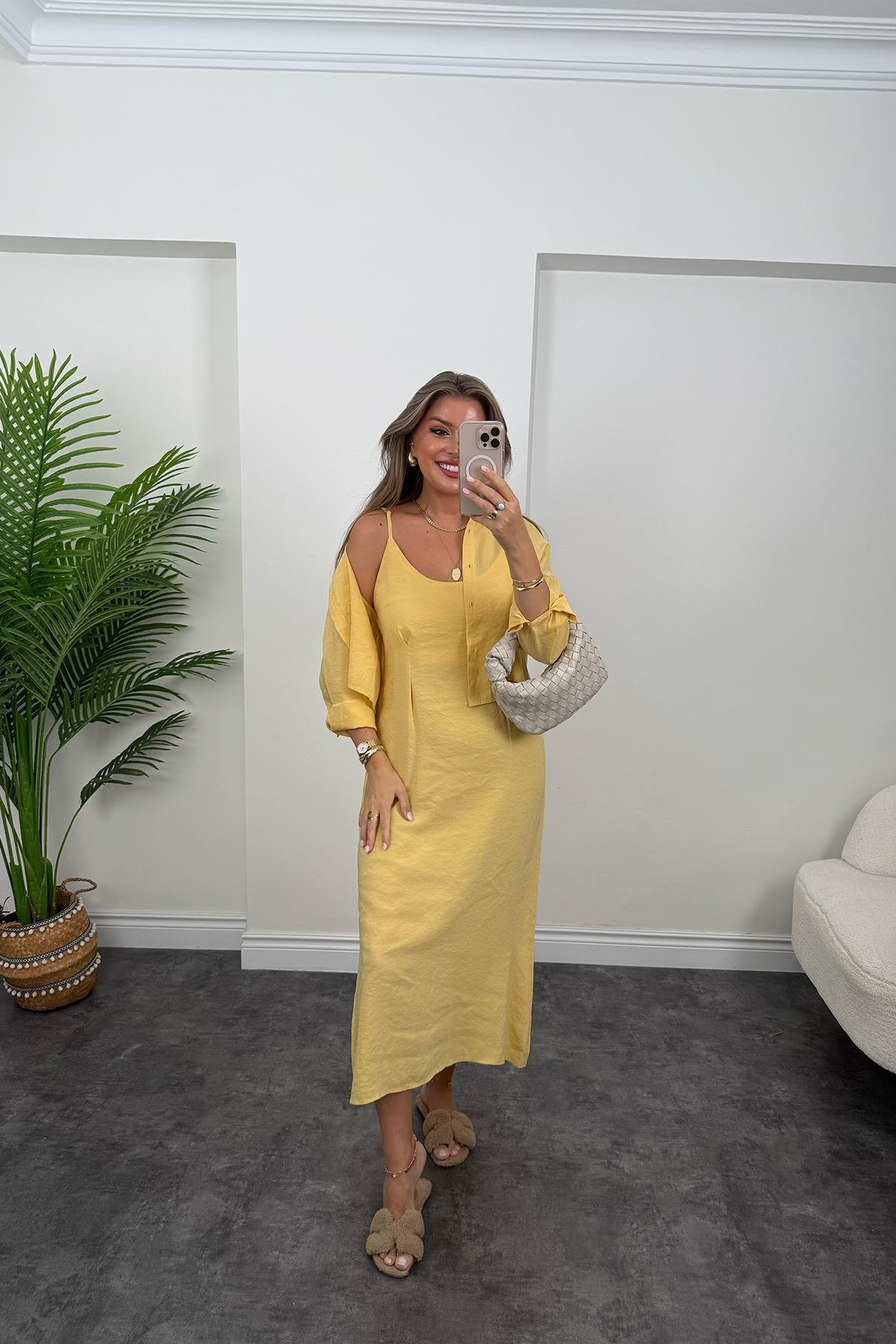 Premium Seri Tensel Kumaş Elbise Gömlek Takım Pastel Sarı