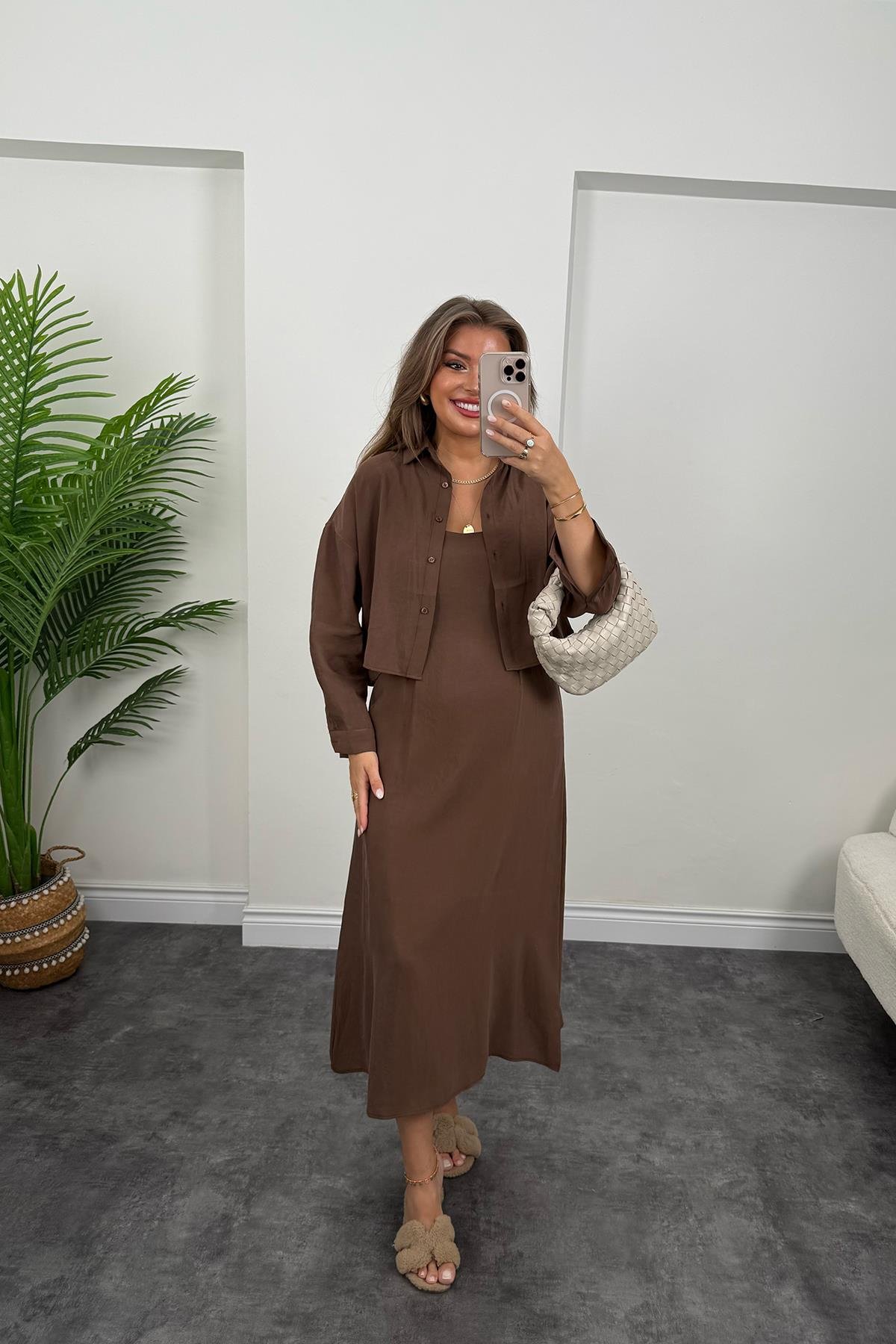 Premium Seri Tensel Kumaş Elbise Gömlek Takım Kahverengi